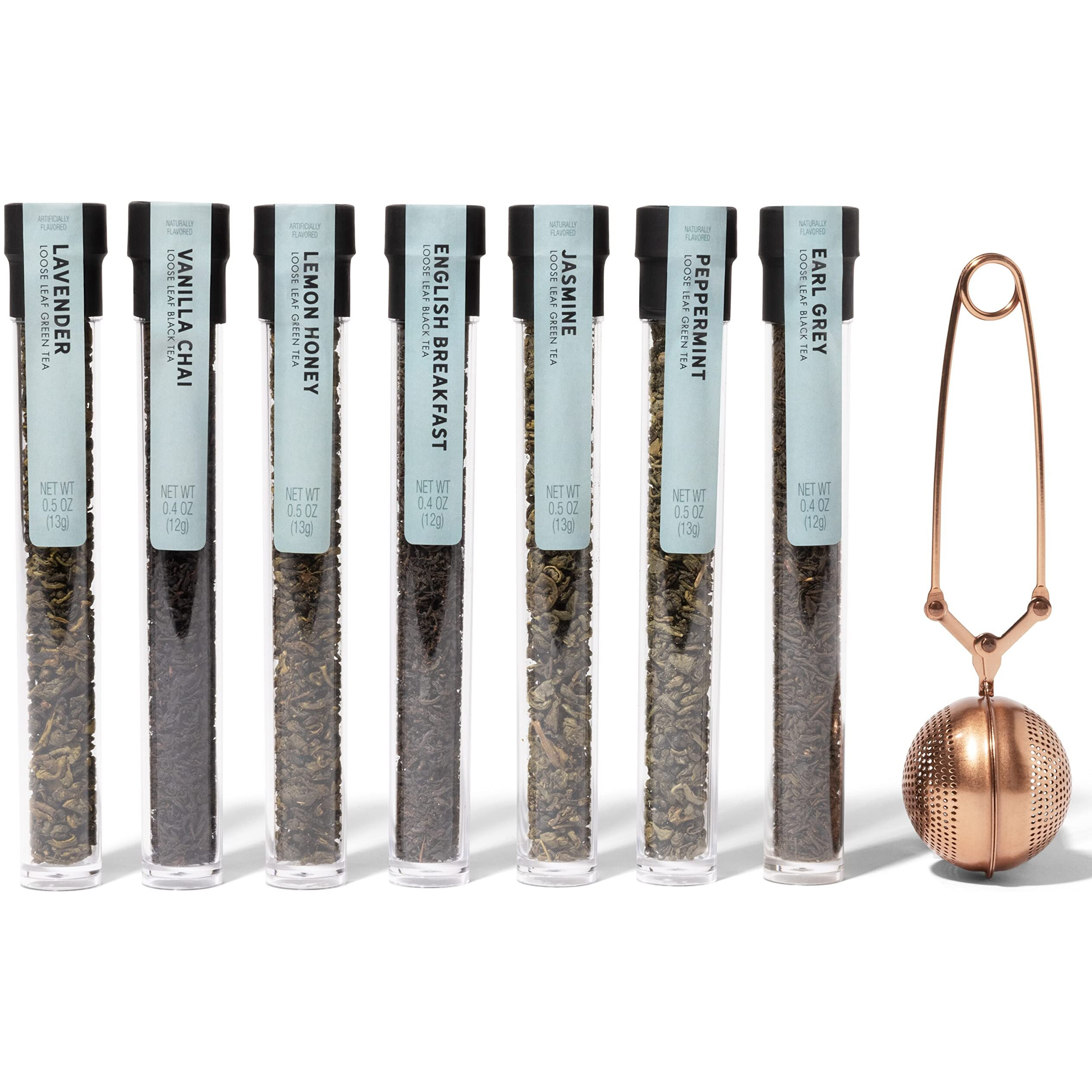 Thoughtfully Gourmet, Tea Therapy Infusion Gift Set, 7 Unique Flavors And Reusable Copper Ball Infuser, Loose Leaf Tea Set Flavors Include Peppermint, Jasmine, Vanilla Chai And More, Set Of 7