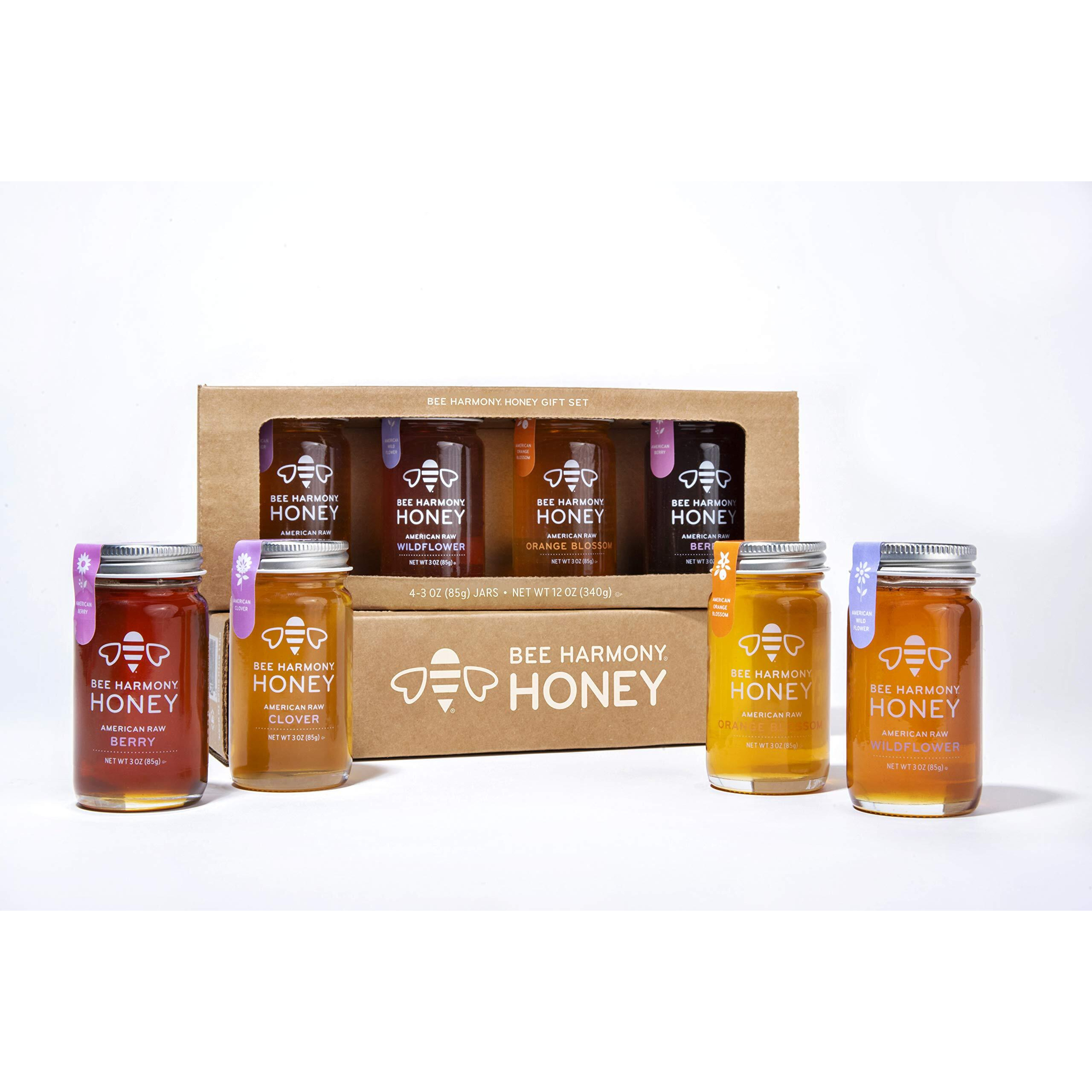 Bee Harmony Classic Honey Flight, Mini Honey Gift Set, 4 Jars, 3 Oz Each, Premium Raw Honey, Made In The Usa