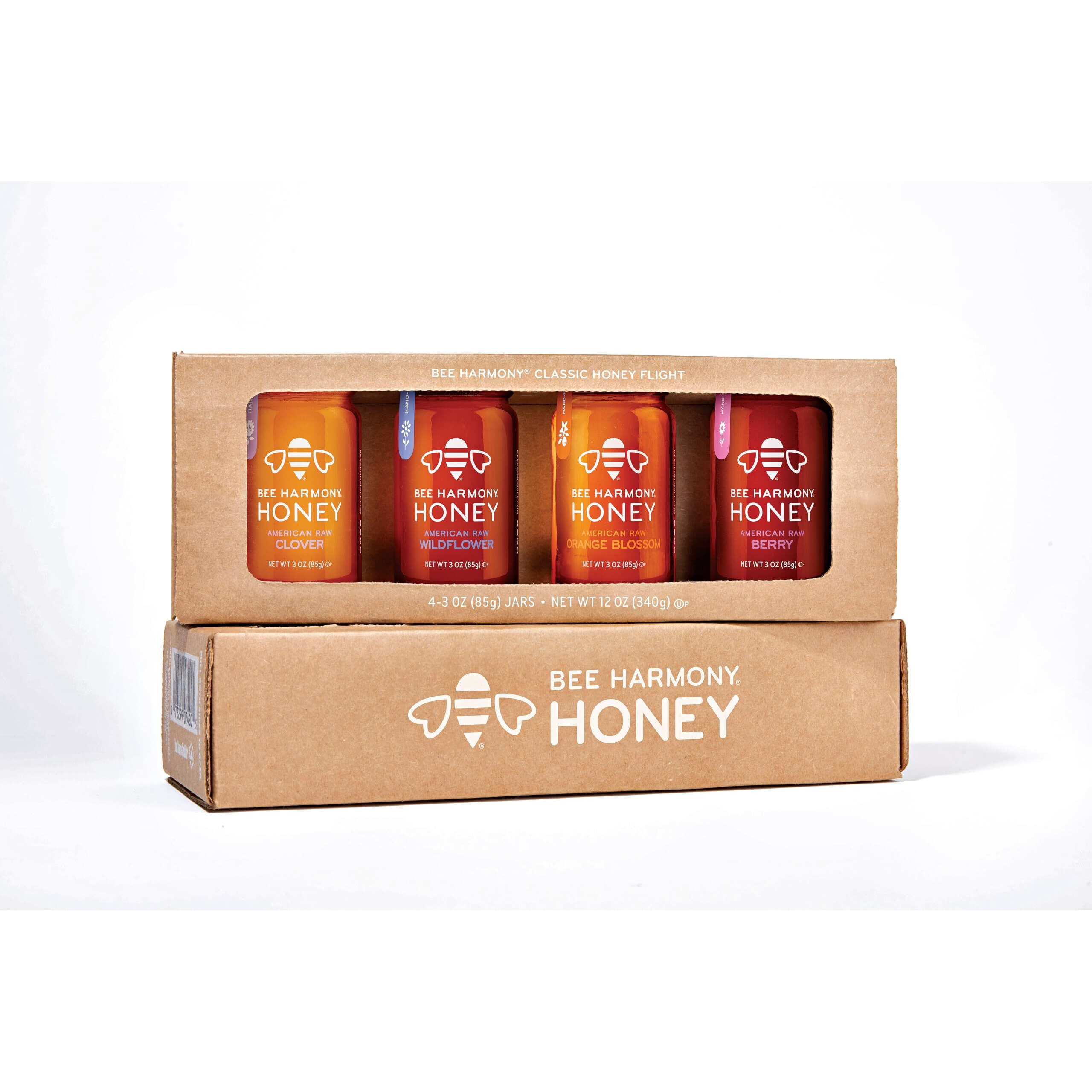 Bee Harmony Classic Honey Flight, Mini Honey Gift Set, 4 Jars, 3 Oz Each, Premium Raw Honey, Made In The Usa