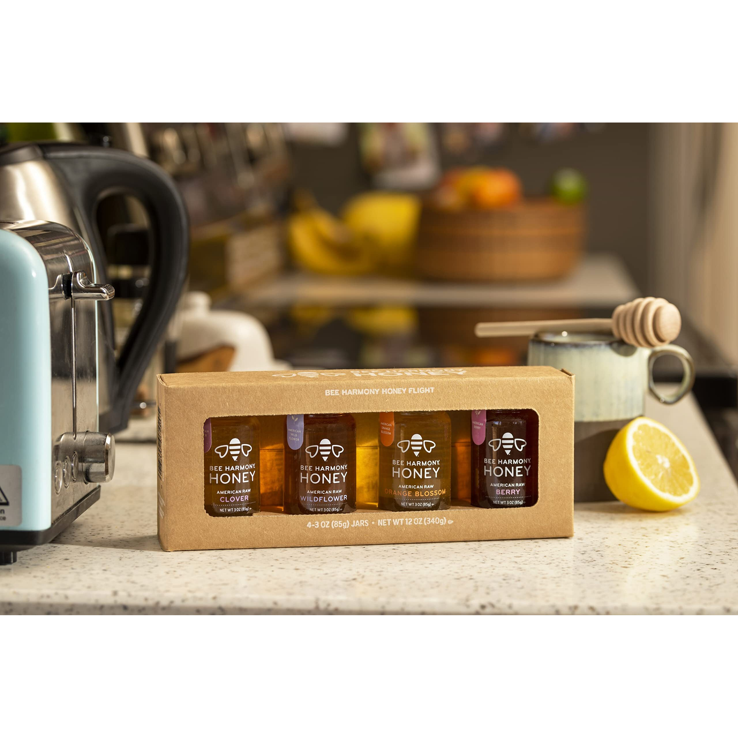 Bee Harmony Classic Honey Flight, Mini Honey Gift Set, 4 Jars, 3 Oz Each, Premium Raw Honey, Made In The Usa