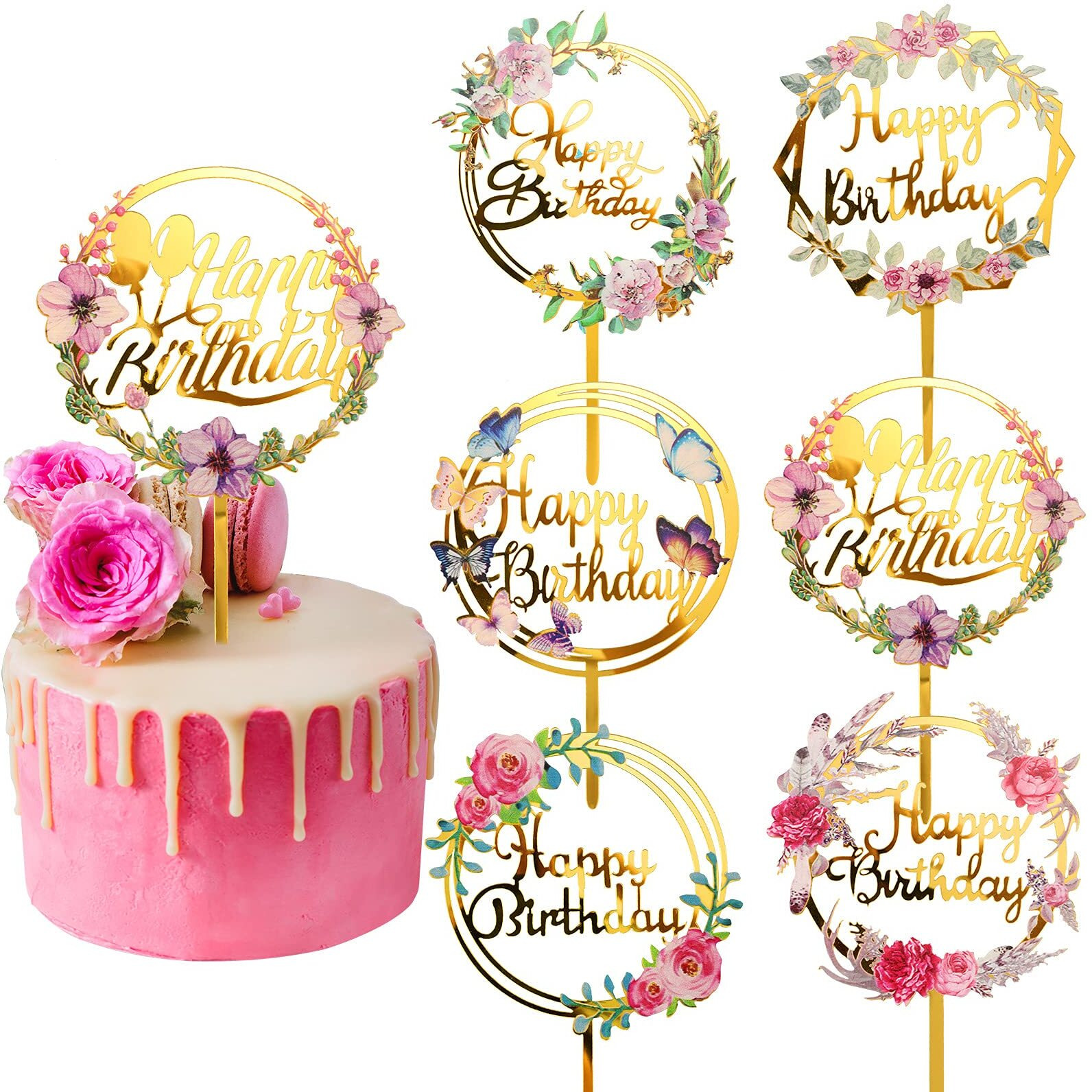 6 Pieces Happy Birthday Cake Toppers Gold Flower Acrylic Cake Toppers Acrylic Cupcake Topper For Various Birthday Party Anniversary Cake Pastries Decorations