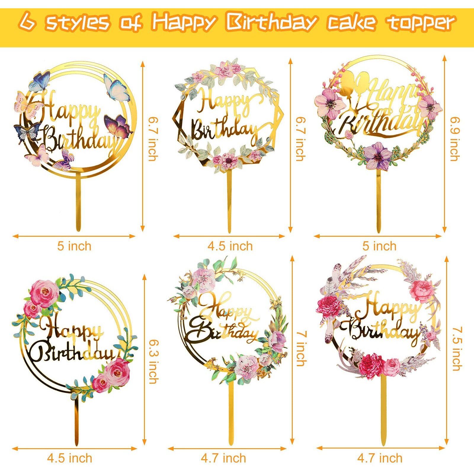 6 Pieces Happy Birthday Cake Toppers Gold Flower Acrylic Cake Toppers Acrylic Cupcake Topper For Various Birthday Party Anniversary Cake Pastries Decorations
