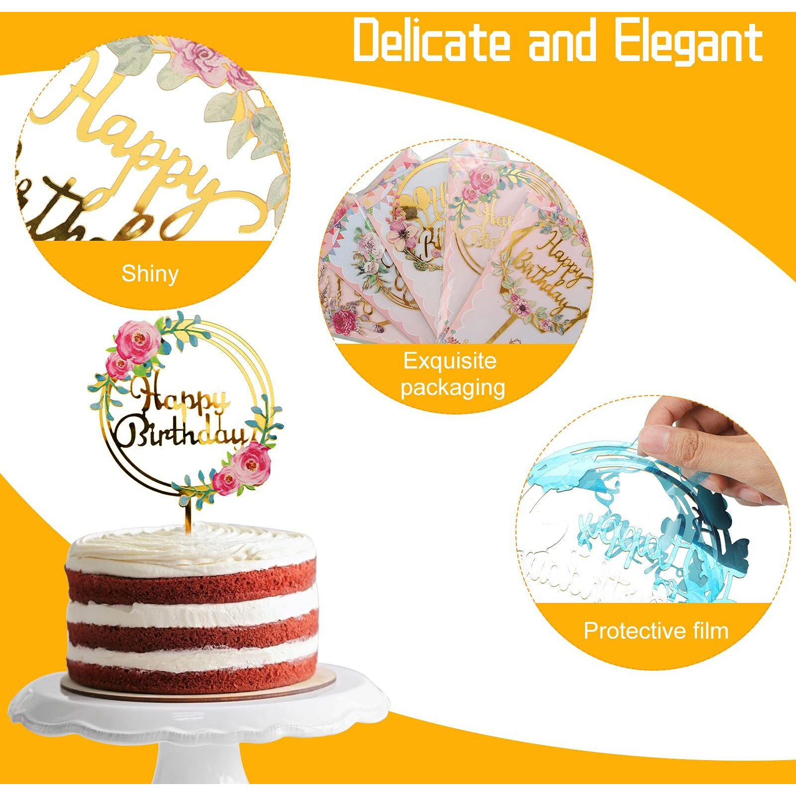 6 Pieces Happy Birthday Cake Toppers Gold Flower Acrylic Cake Toppers Acrylic Cupcake Topper For Various Birthday Party Anniversary Cake Pastries Decorations