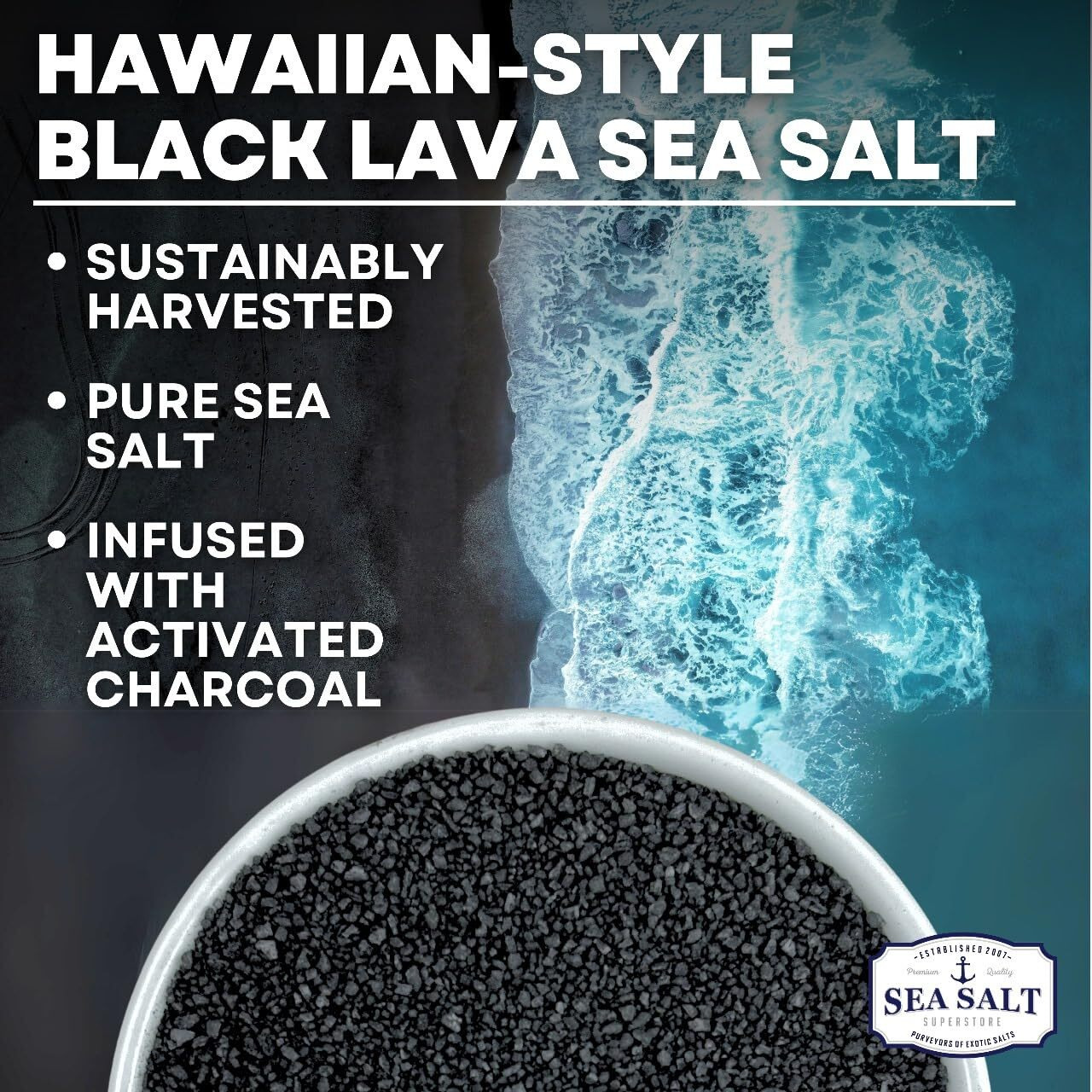 Black Salt, Hawaiian-Style Black Lava Sea Salt, Black Sea Salt With Activated Charcoal, Black Hawaiian Sea Salt For Cooking & Finishing, 14 Oz Bag, Sea Salt Superstore