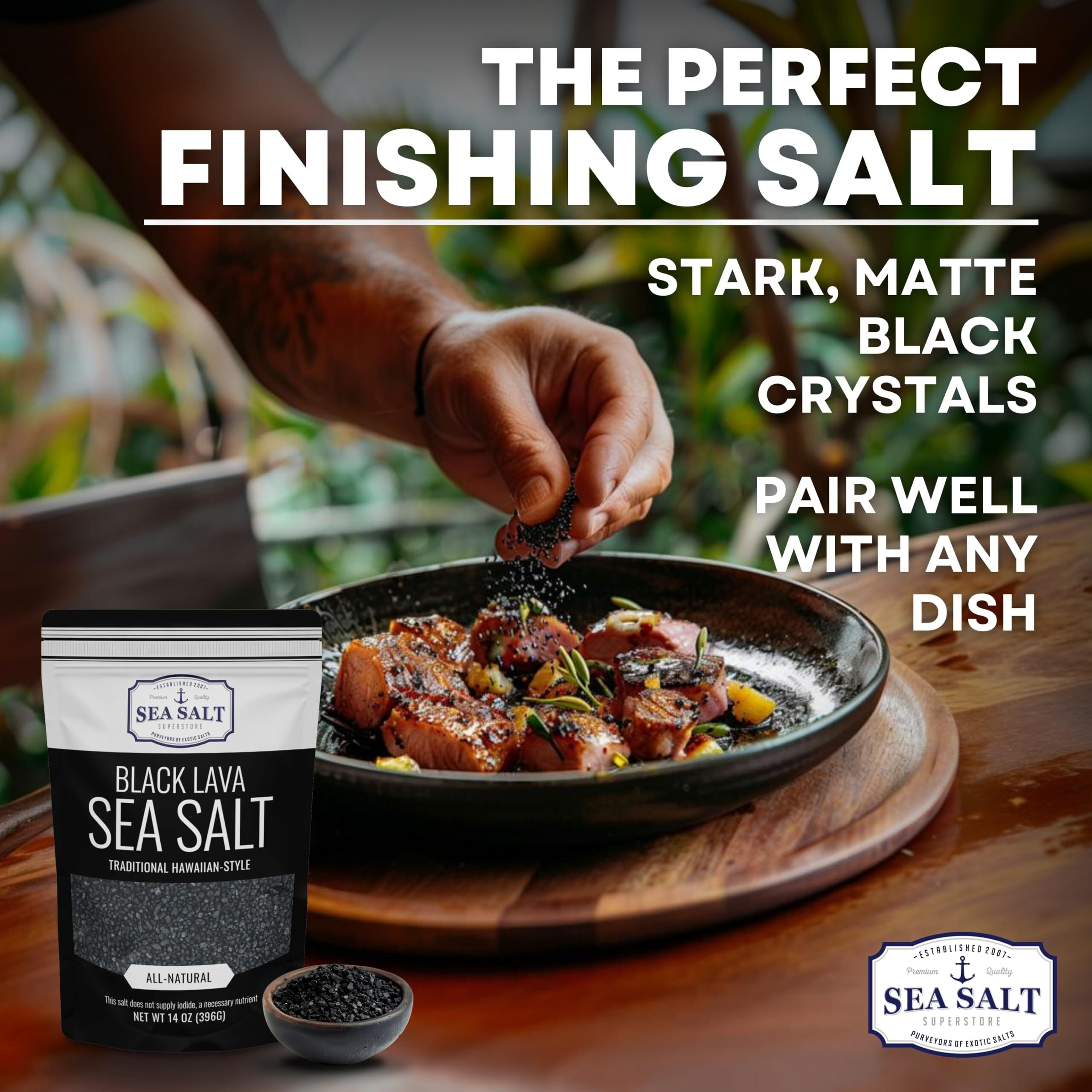 Black Salt, Hawaiian-Style Black Lava Sea Salt, Black Sea Salt With Activated Charcoal, Black Hawaiian Sea Salt For Cooking & Finishing, 14 Oz Bag, Sea Salt Superstore