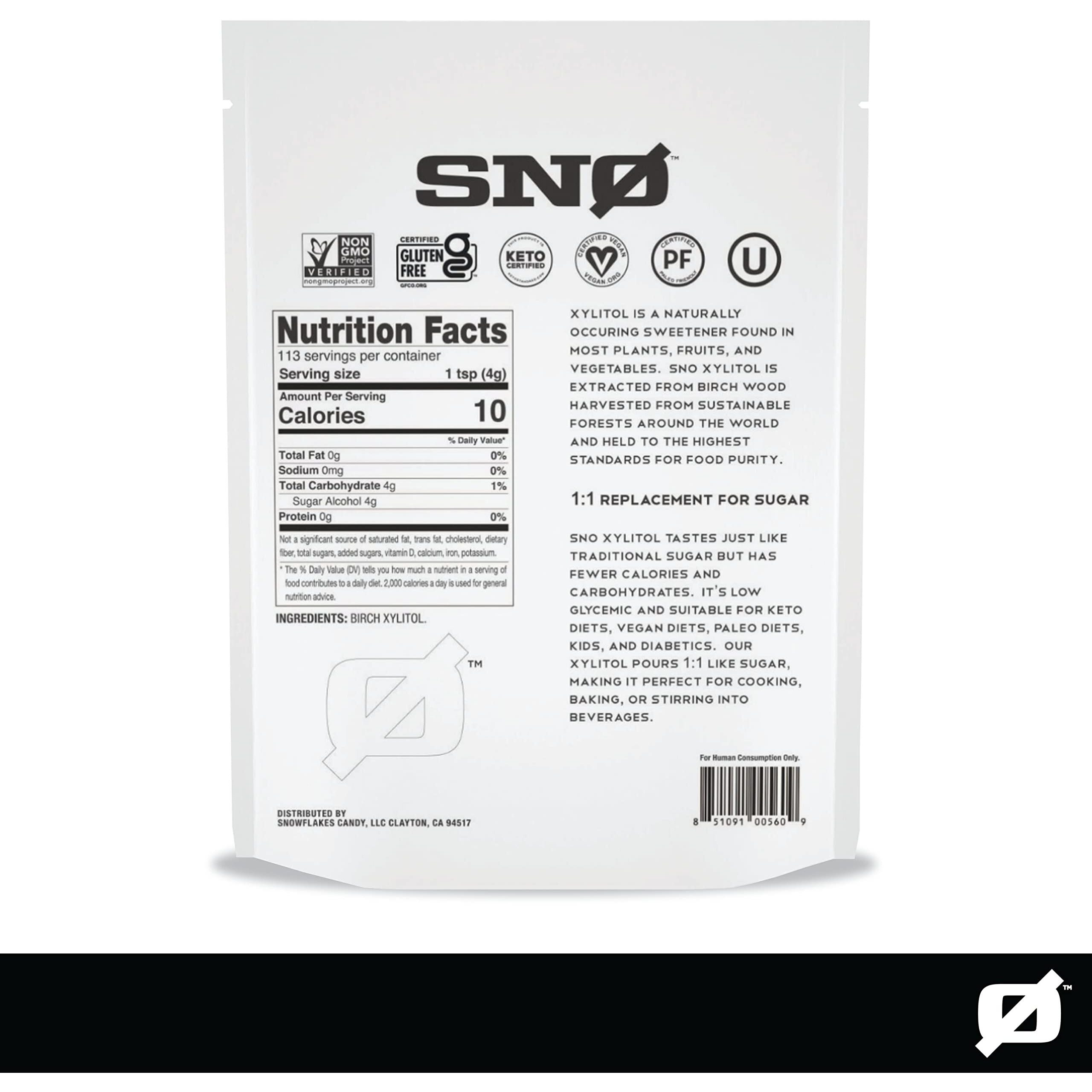 Sno Pure Birch Xylitol Sweetener - 1Lb Resealable Bag | Low Calorie, Non-Gmo, Gluten-Free, Vegan, Kosher | Paleo, Diabetic, & Keto-Friendly | Pharmaceutical Grade, No Aftertaste Sugar Substitute