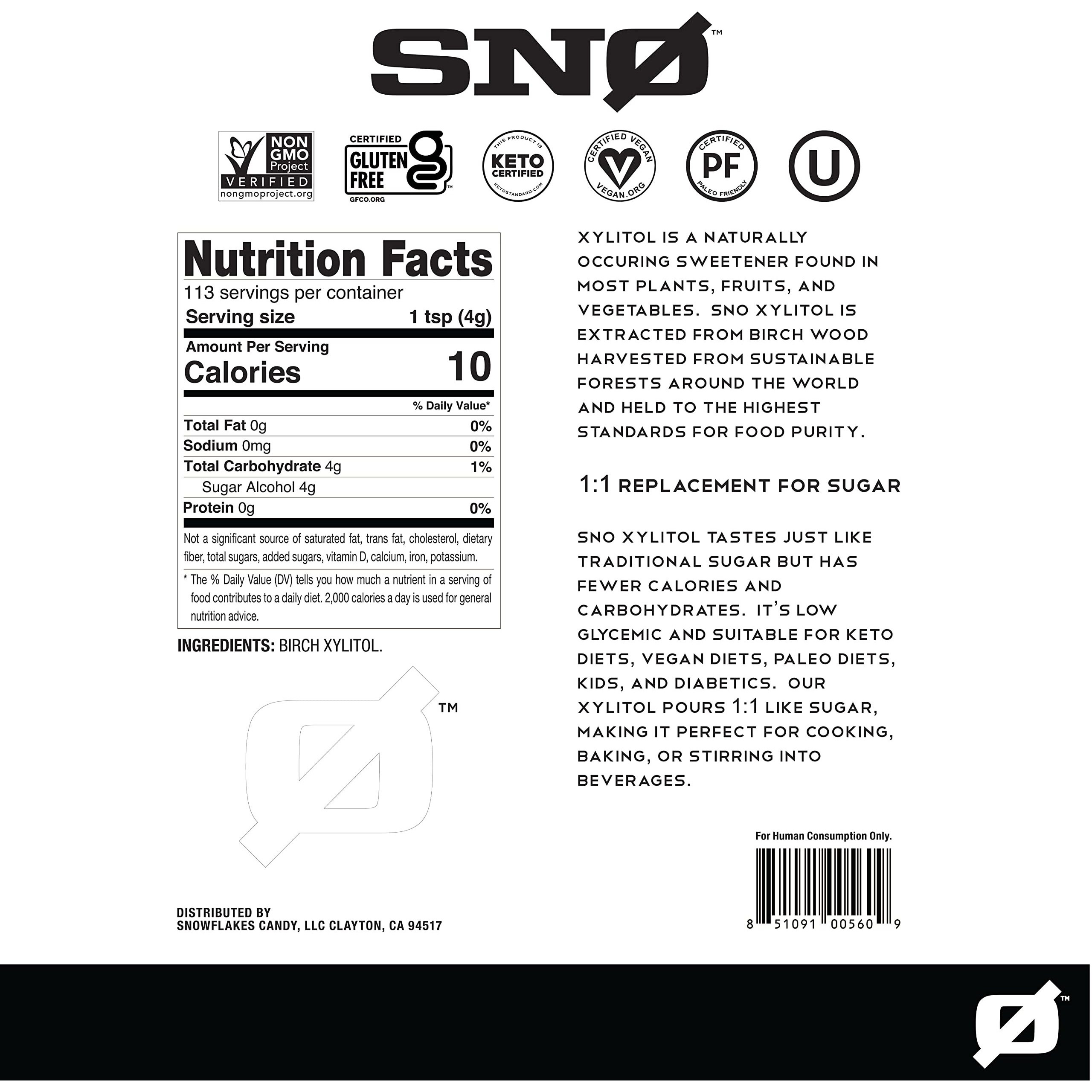 Sno Pure Birch Xylitol Sweetener - 1Lb Resealable Bag | Low Calorie, Non-Gmo, Gluten-Free, Vegan, Kosher | Paleo, Diabetic, & Keto-Friendly | Pharmaceutical Grade, No Aftertaste Sugar Substitute