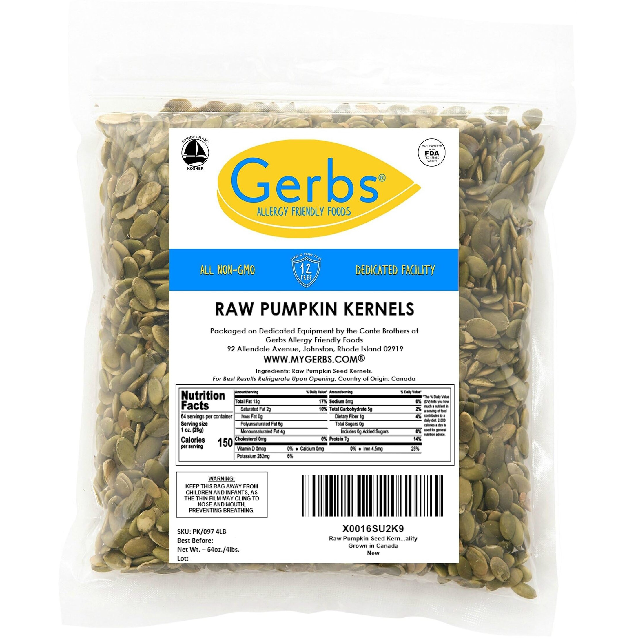 Gerbs Raw Pumpkin Seed Kernels 4 Lbs|Top 14 Allergy Free Food |Use In Salads, Yogurt, Baking, Oatmeal, Trail Mix|Grown In Canada, Packed In Us