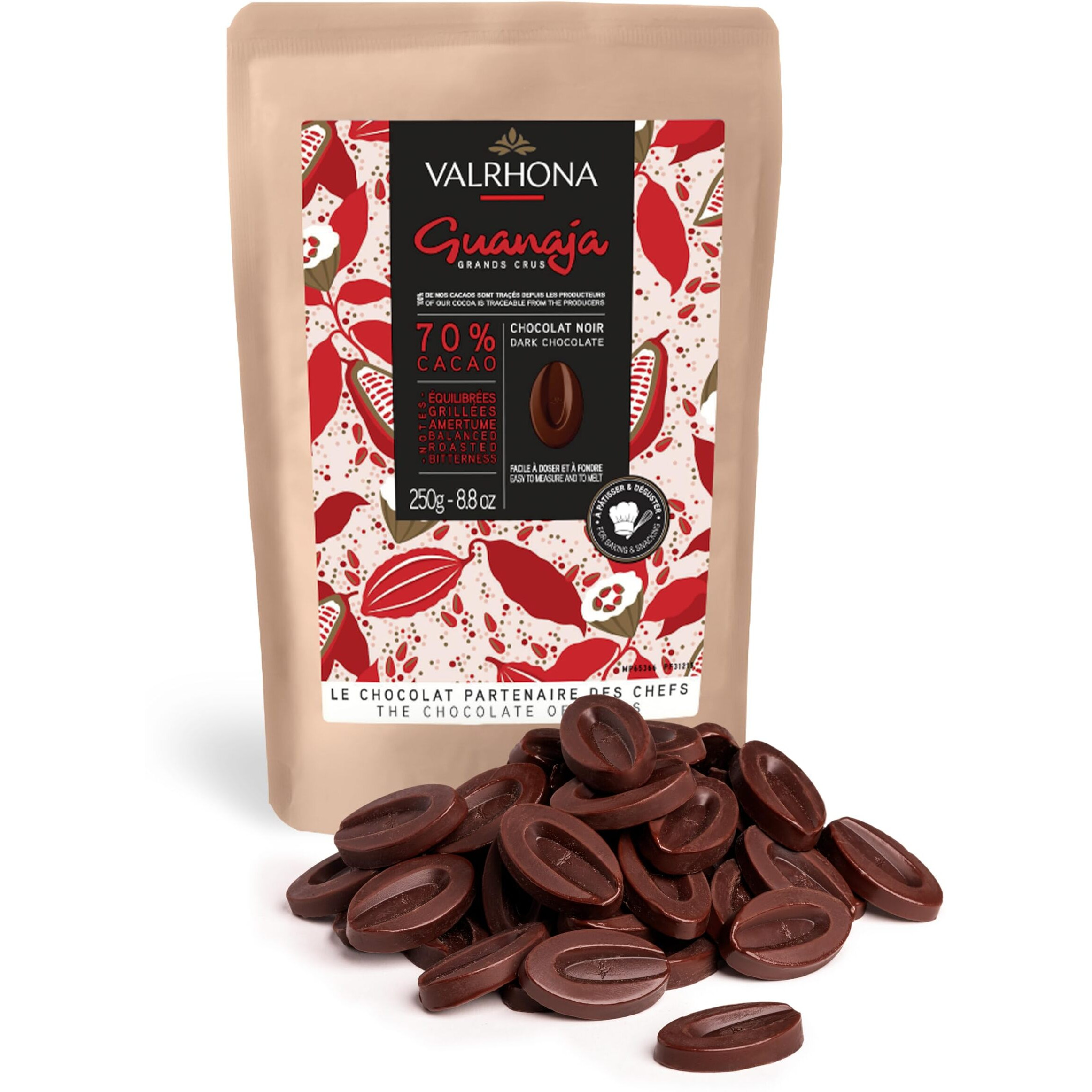 Valrhona Premium French Baking Dark Chocolate Discs (Feves). Classic Guanaja 70% Cacao. Easy Melt. Easy To Chop. Intense & Smooth With Bitter Notes. Sauces, Cakes, Mousses, Frostings 250G (Pack Of 1)