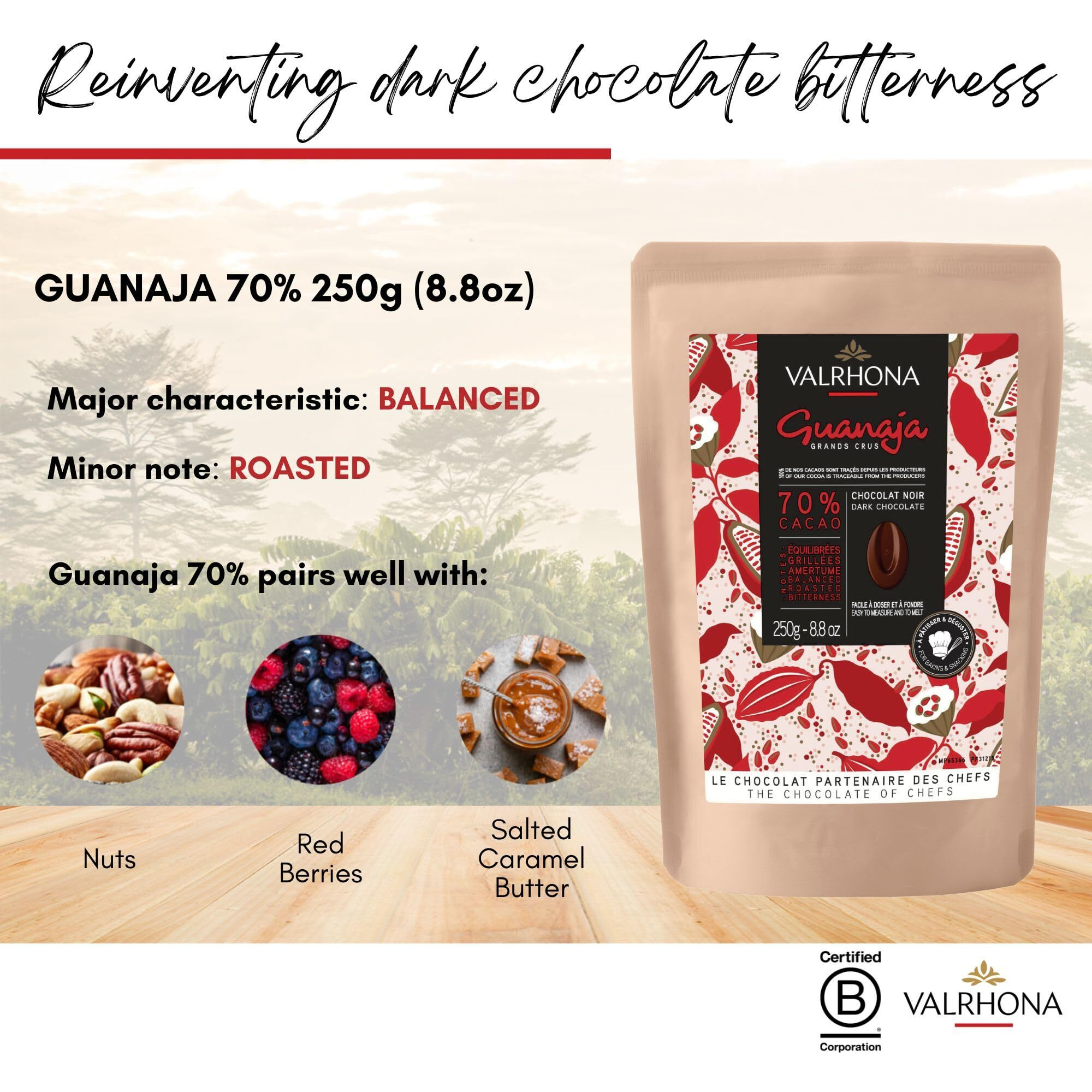 Valrhona Premium French Baking Dark Chocolate Discs (Feves). Classic Guanaja 70% Cacao. Easy Melt. Easy To Chop. Intense & Smooth With Bitter Notes. Sauces, Cakes, Mousses, Frostings 250G (Pack Of 1)