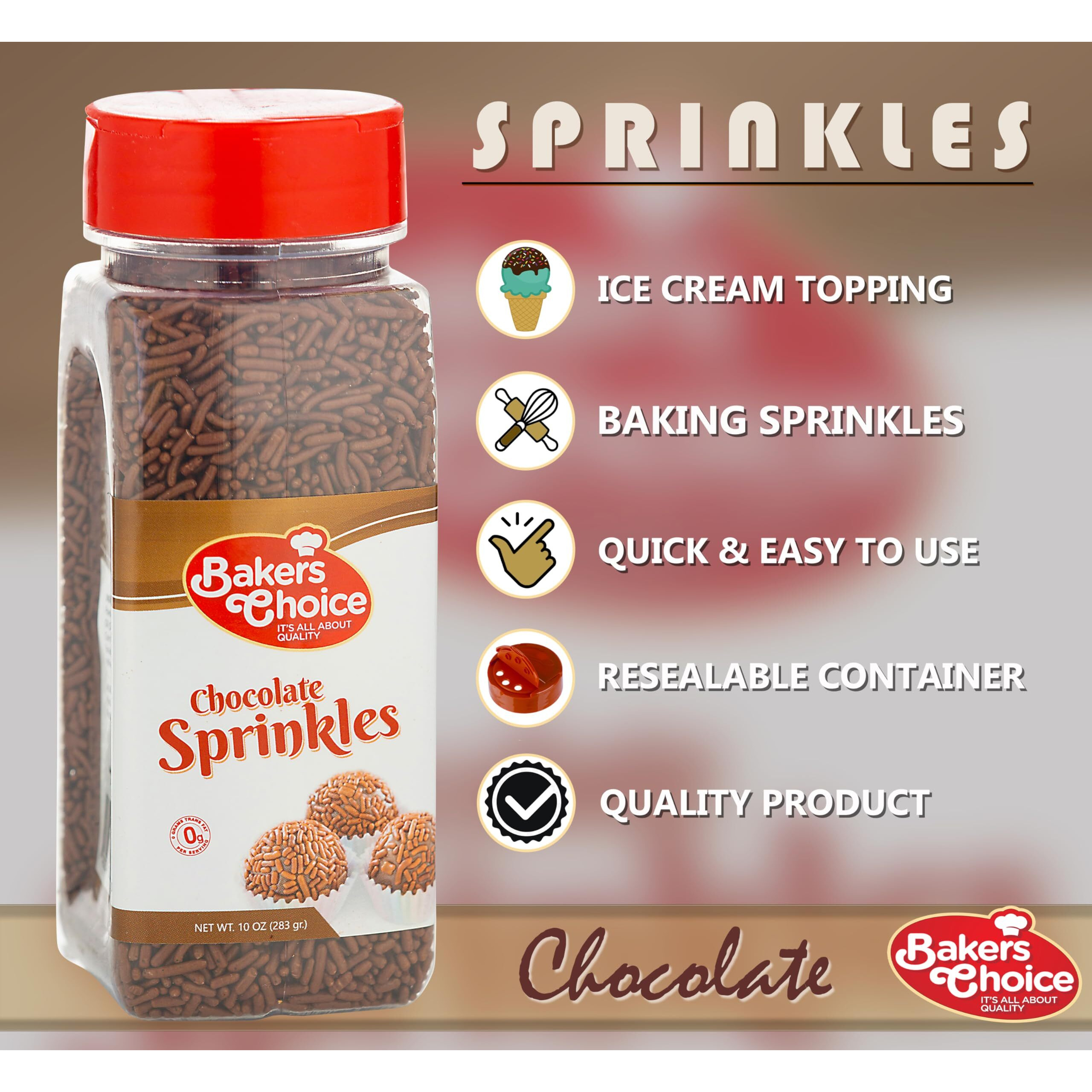 Bakers Choice Chocolate Sprinkles For Ice Cream Toppings - Chocolate Jimmies Sprinkles For Baking - Dairy Free, Kosher 10 Oz.