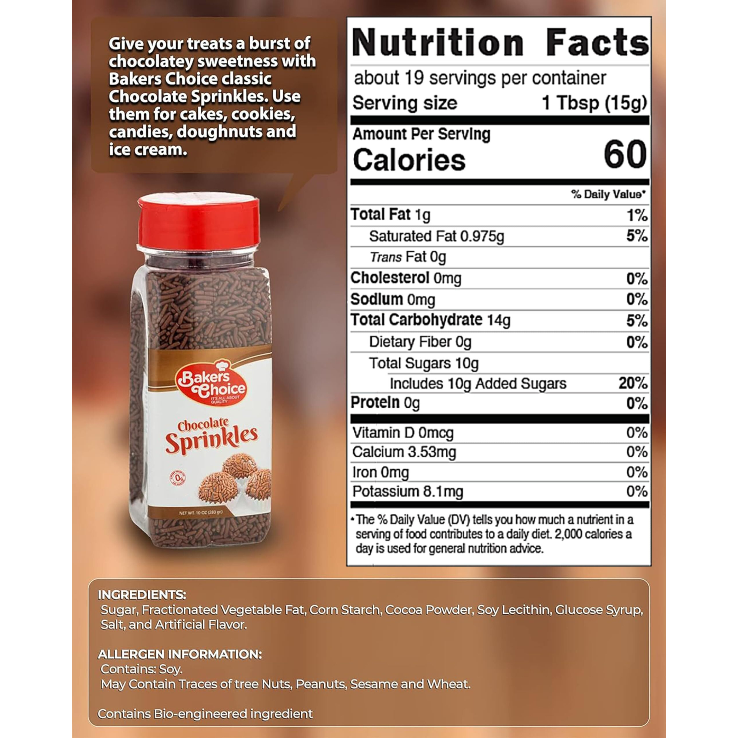 Bakers Choice Chocolate Sprinkles For Ice Cream Toppings - Chocolate Jimmies Sprinkles For Baking - Dairy Free, Kosher 10 Oz.
