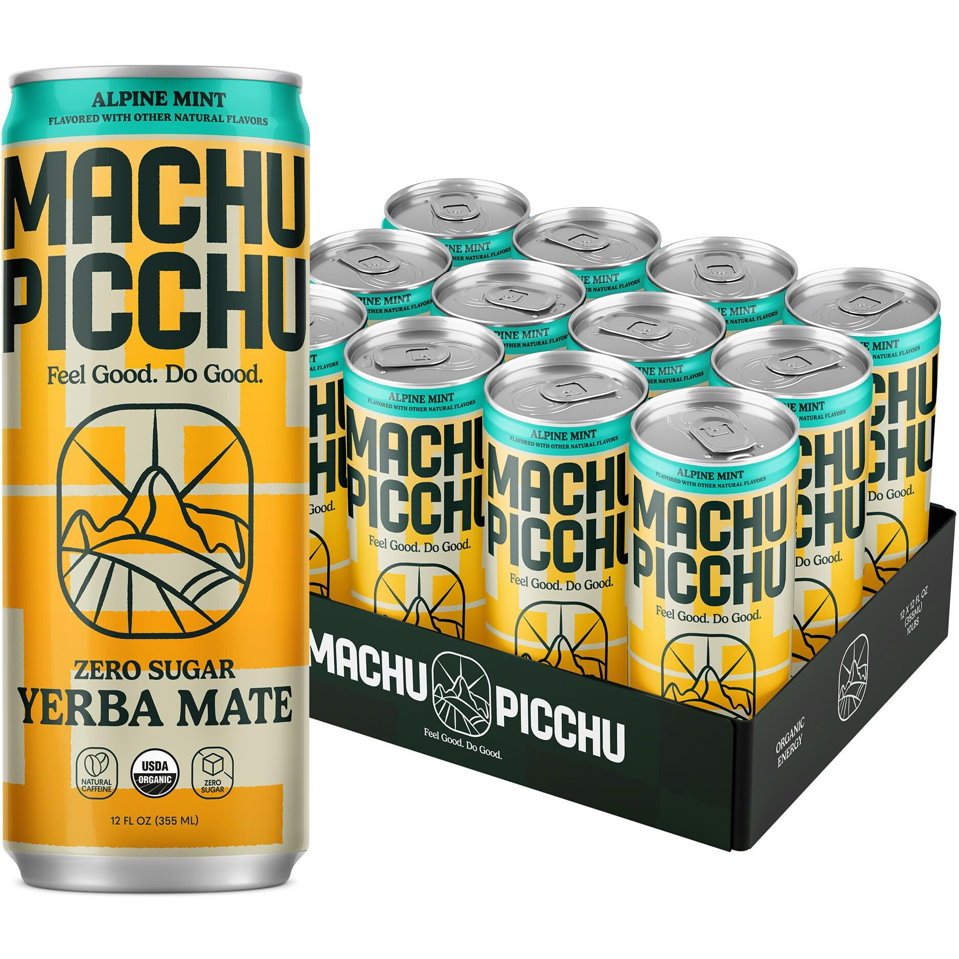 Machu Picchu Energy, Zero Sugar Yerba Mate, Clean Energy Drink Alternative, 12Oz (Pack Of 12) - 120Mg Organic Green Coffee Bean Caffeine, Low Calorie, Usda Organic, No Artificial Flavors (Alpine Mint)