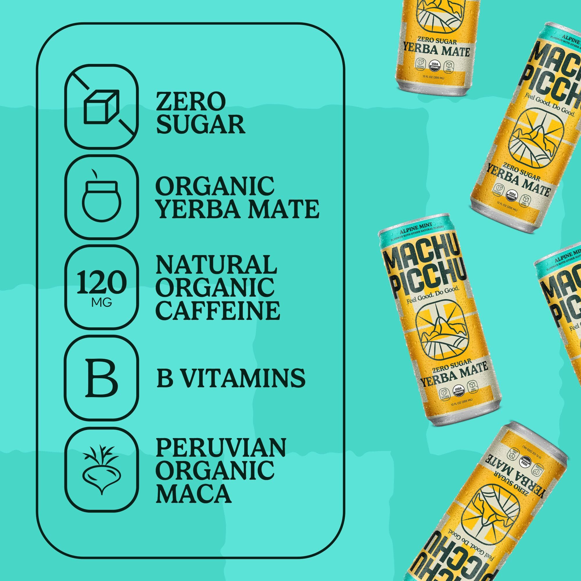 Machu Picchu Energy, Zero Sugar Yerba Mate, Clean Energy Drink Alternative, 12Oz (Pack Of 12) - 120Mg Organic Green Coffee Bean Caffeine, Low Calorie, Usda Organic, No Artificial Flavors (Alpine Mint)