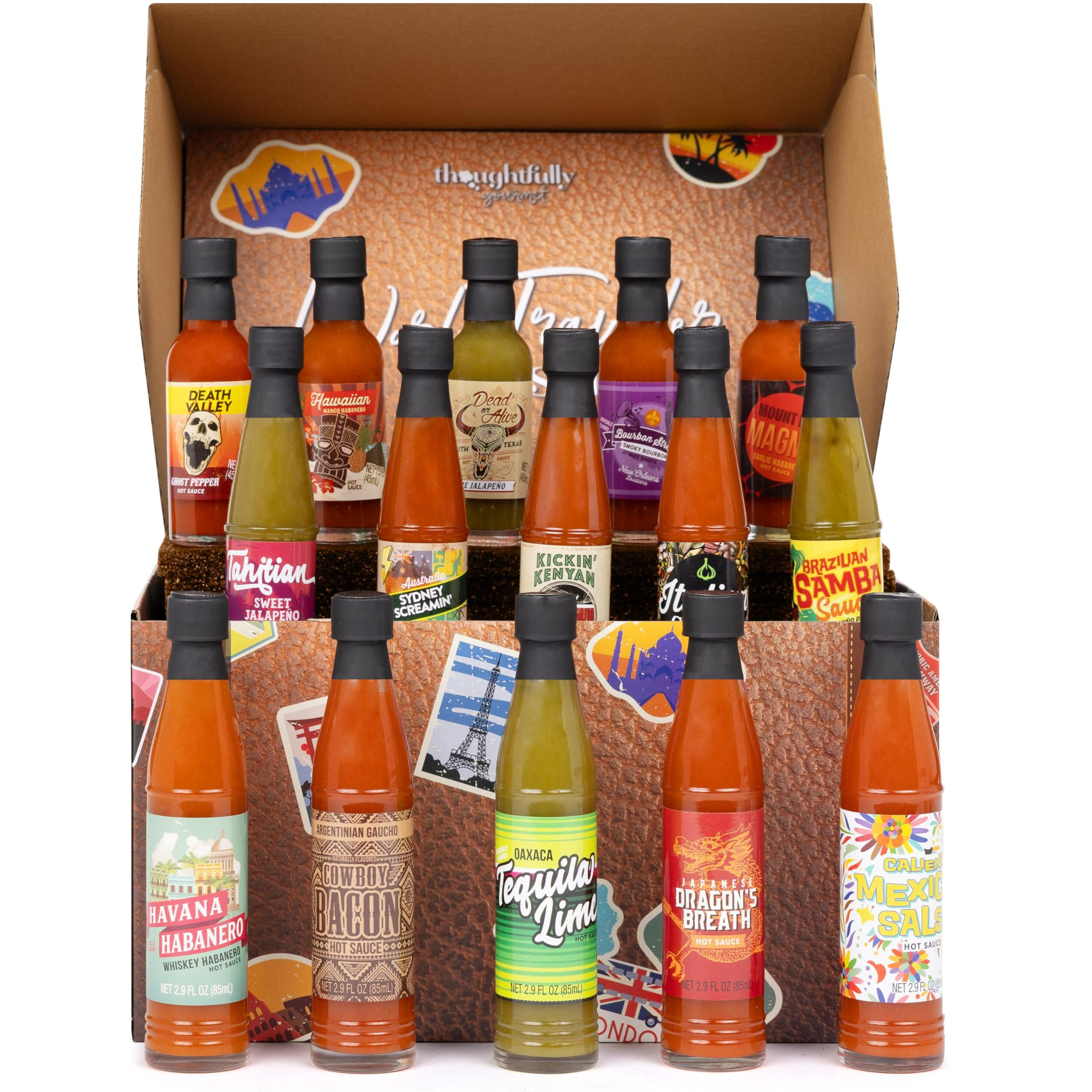 Thoughtfully Gourmet, World Traveler Suitcase Hot Sauce Gift Set, Vegan And Vegetarian, Flavors Like Cowboy Bacon, Italian Garlic, And More, Set Of 15