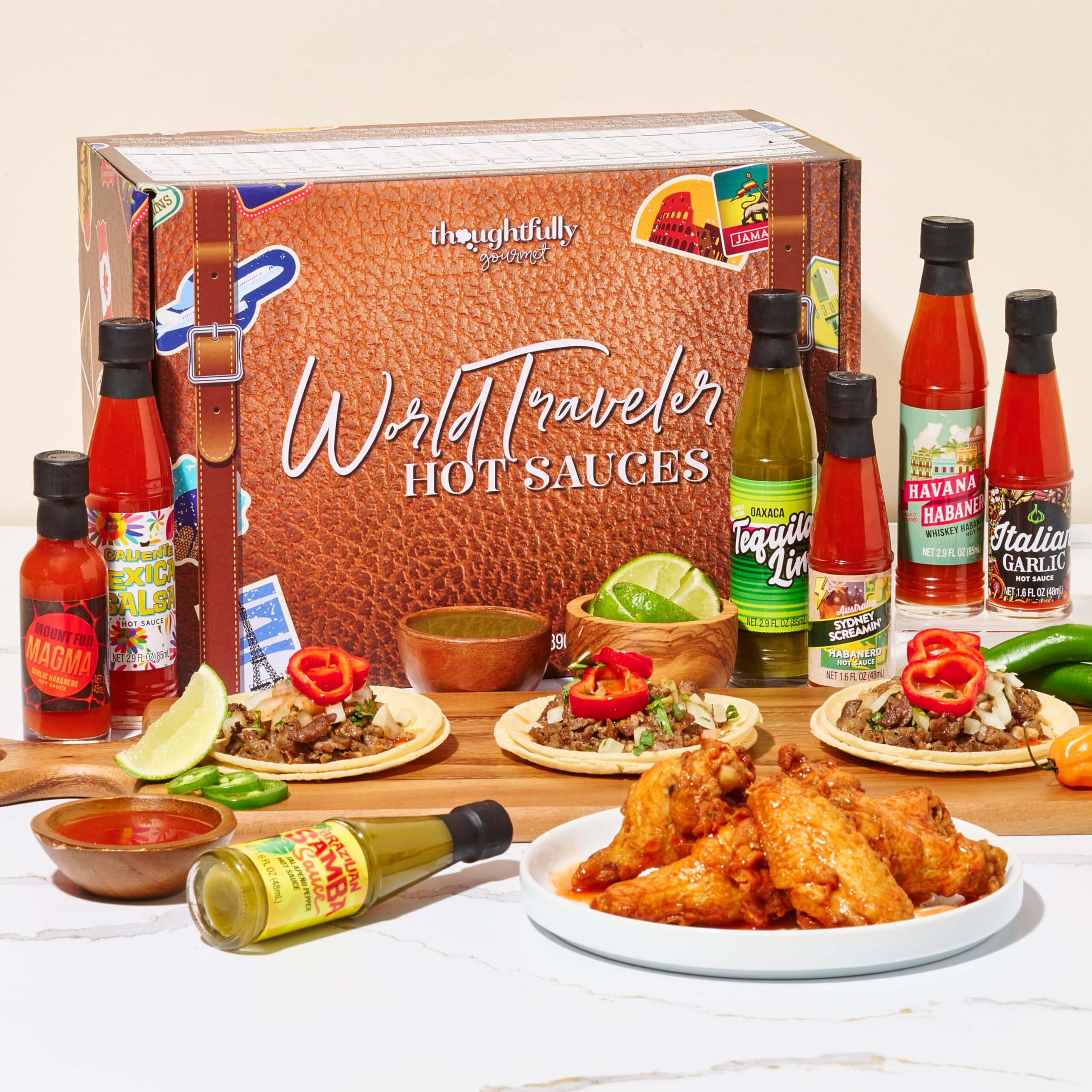 Thoughtfully Gourmet, World Traveler Suitcase Hot Sauce Gift Set, Vegan And Vegetarian, Flavors Like Cowboy Bacon, Italian Garlic, And More, Set Of 15