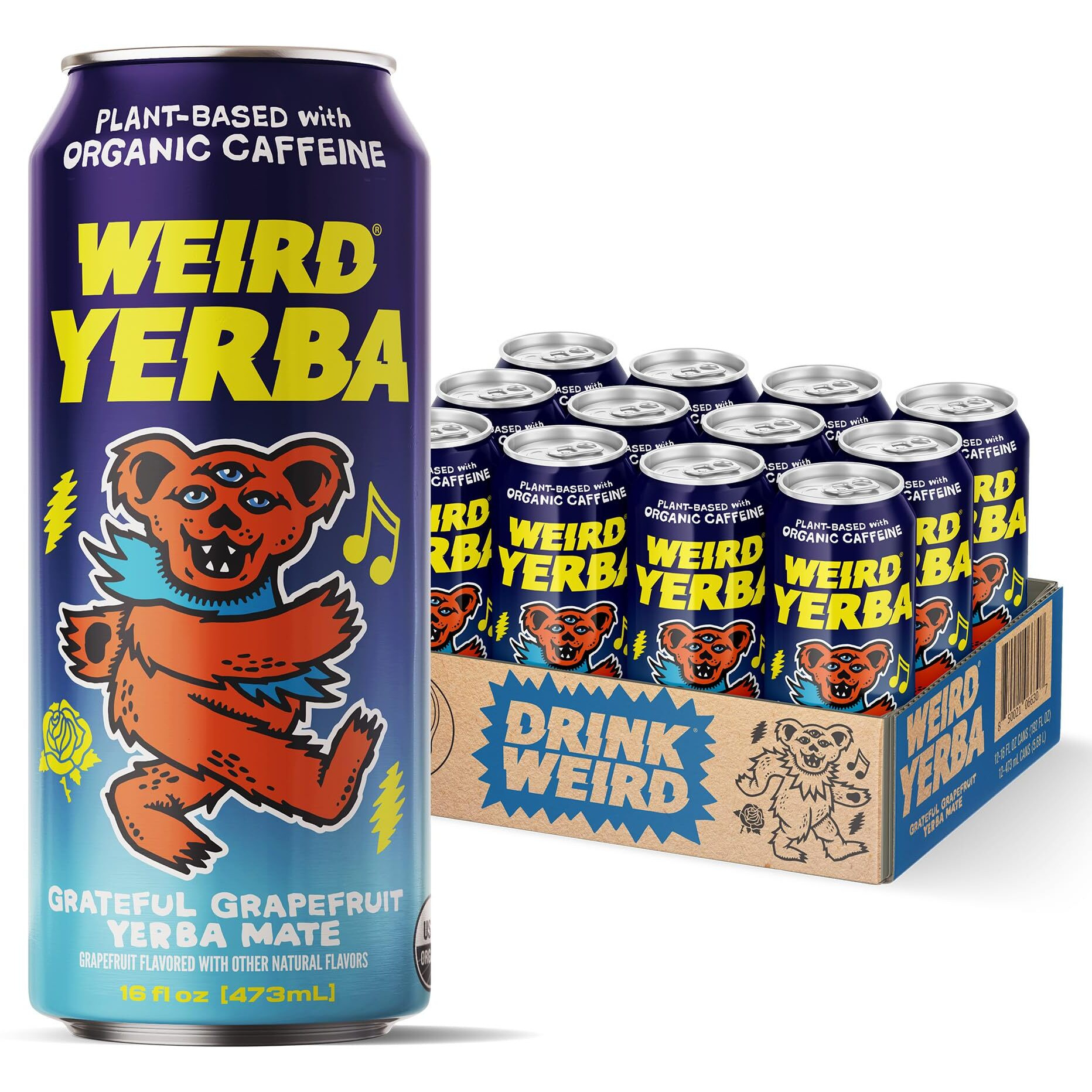 Drink Weird Organic Grateful Grapefruit Yerba Mate - Grateful Dead Collaboration, Functional Beverage, Organic, Gluten-Free, Vegan, Refreshing Natural Caffeine, Clean Energy Alternative Drink, 16 Fl Oz (Pack Of 12)