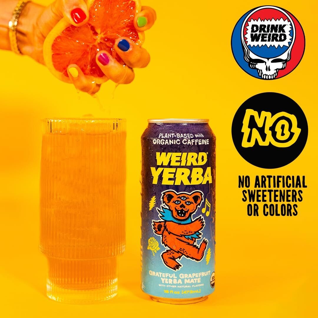 Drink Weird Organic Grateful Grapefruit Yerba Mate - Grateful Dead Collaboration, Functional Beverage, Organic, Gluten-Free, Vegan, Refreshing Natural Caffeine, Clean Energy Alternative Drink, 16 Fl Oz (Pack Of 12)