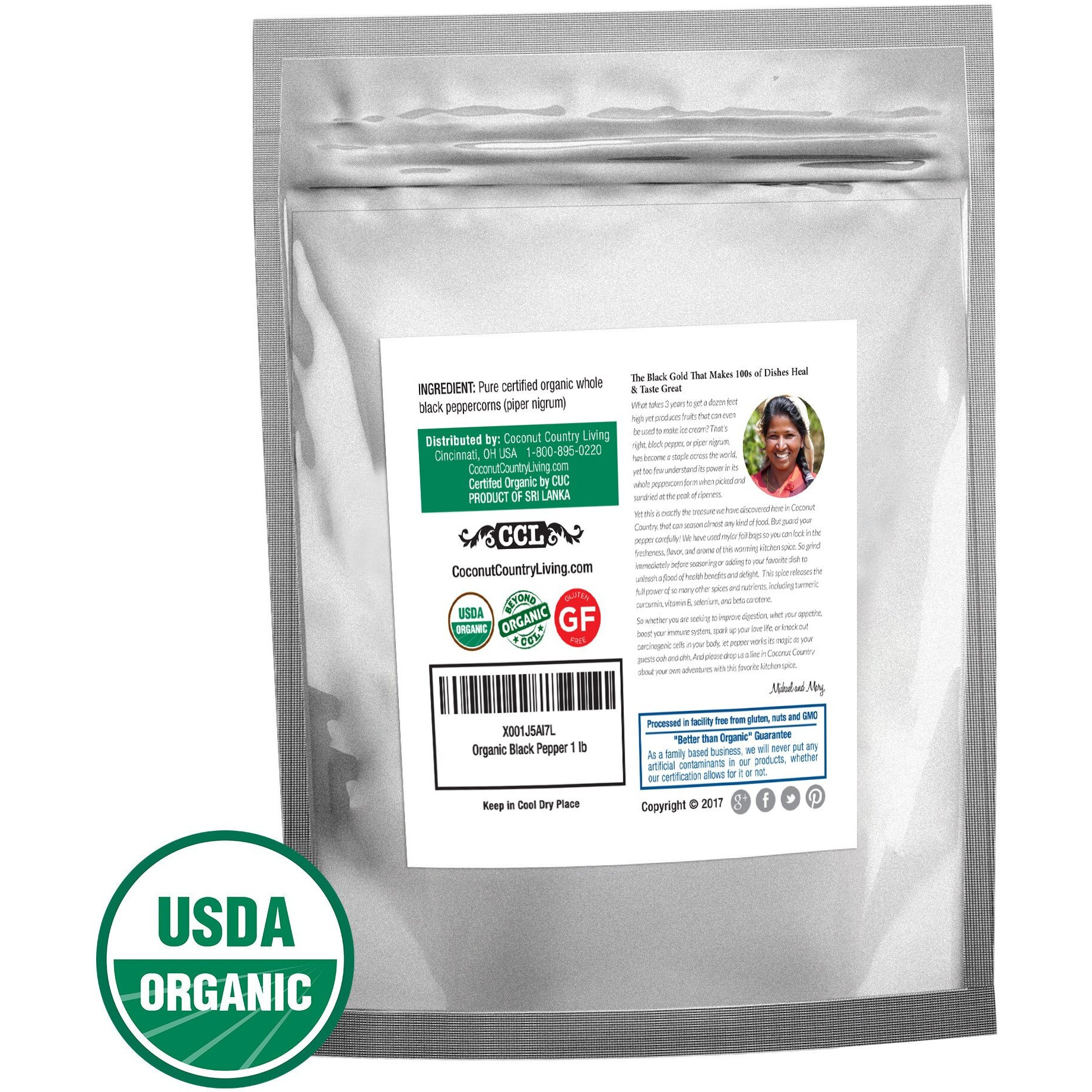 Organic Whole Black Peppercorns - Fair Trade Premium Whole Black Pepper For Grinder Refill - Non-Gmo, W/Ebook - 16 Oz / 1 Lb