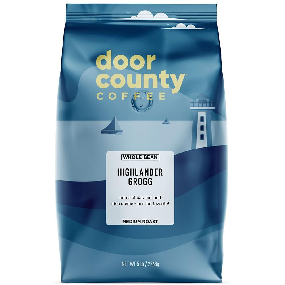 Door County Coffee Highlander Grogg Flavored Coffee Whole Bean | 5 Lb Bag | Flavored Ground Coffee Medium Roast | 100% Specialty Arabica Coffee | Gourmet Coffee | Irish Crme & Caramel Coffee