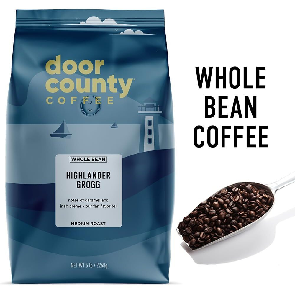 Door County Coffee Highlander Grogg Flavored Coffee Whole Bean | 5 Lb Bag | Flavored Ground Coffee Medium Roast | 100% Specialty Arabica Coffee | Gourmet Coffee | Irish Crme & Caramel Coffee