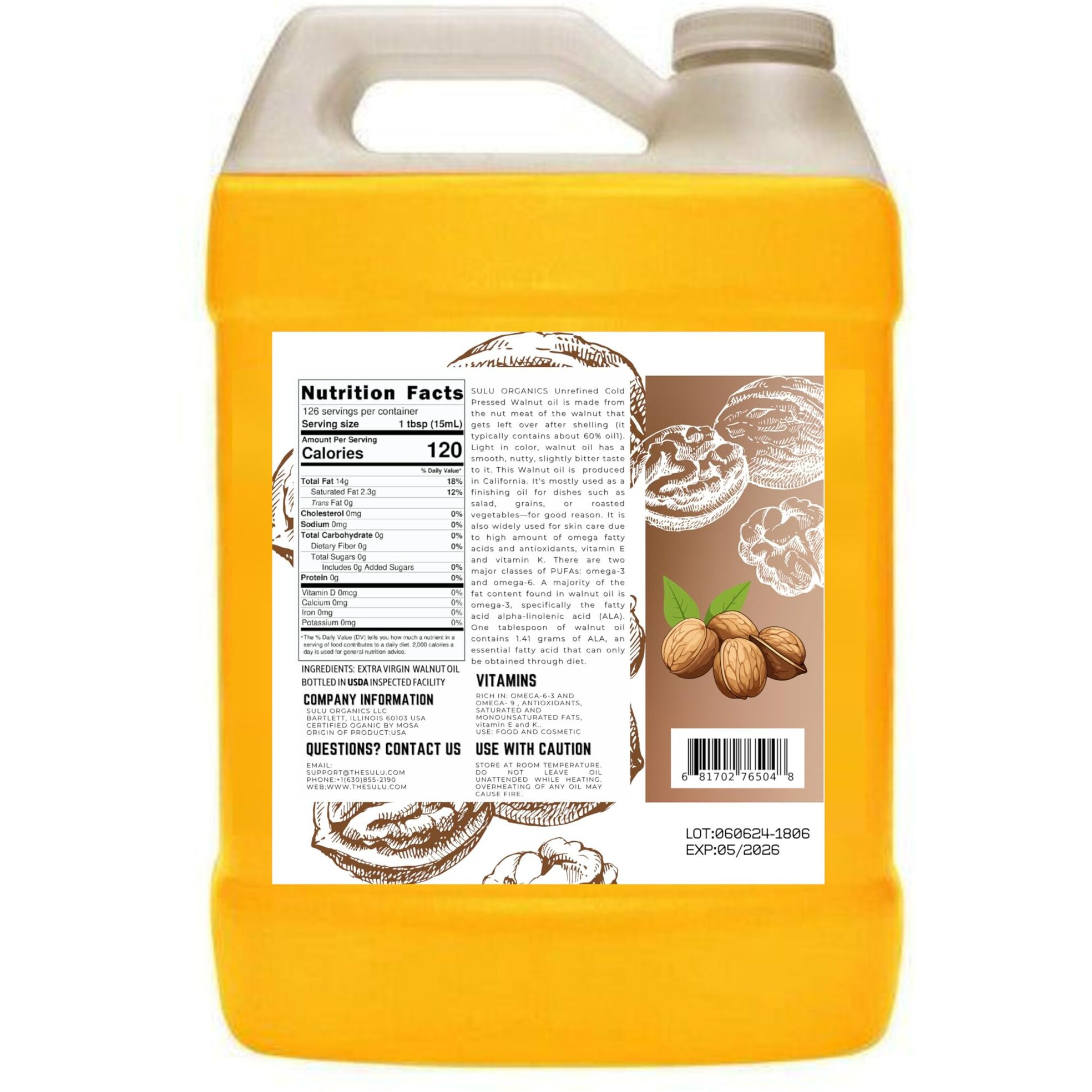 64 Fl.Oz-100% Pure Extra Virgin Unrefined Cold Pressed Walnut Oil - Deep Golden