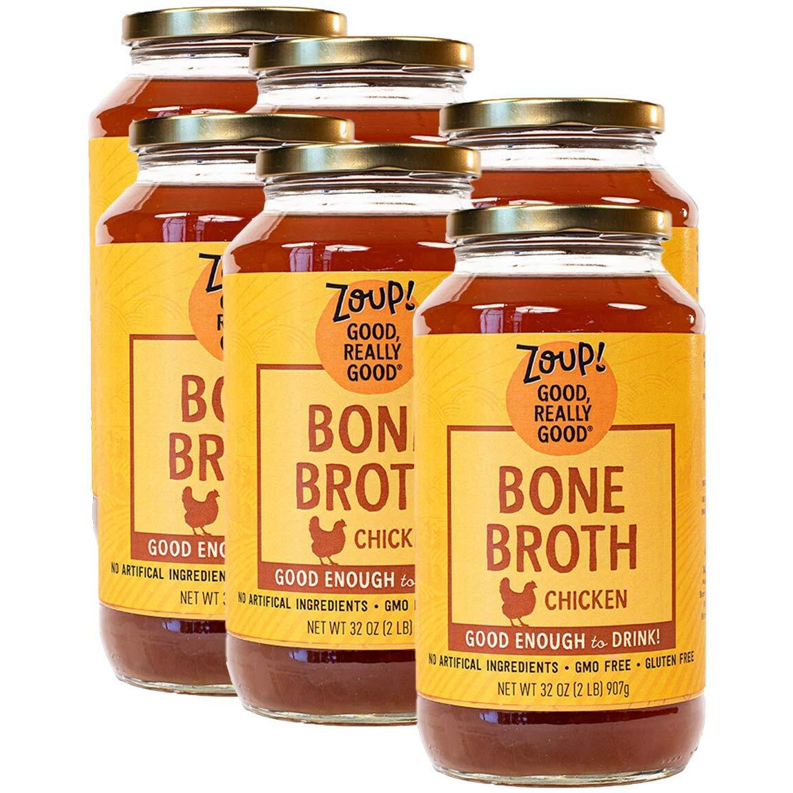 Chicken Bone Broth By Zoup Keto-Friendly, Gluten Free, Fat Free, Non-Gmo Clear Bone Broth - Great For Stock, Bouillon, Soup Base Or In Gravy - 6-Pack (32 Oz)