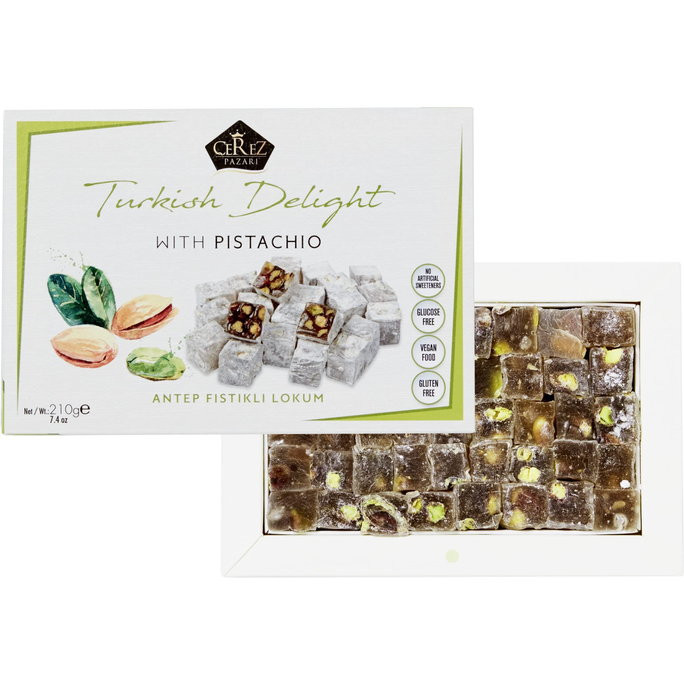 Cerez Pazari Turkish Delight Pistachio Candy Gourmet Premium Vegan Sweets Small Gift Box 7.4Oz | Sweet Luxury Traditional Confectionery Soft Candy Dessert Glucose Free Lokum (Loukoumi) | Apprx.35 Pcs