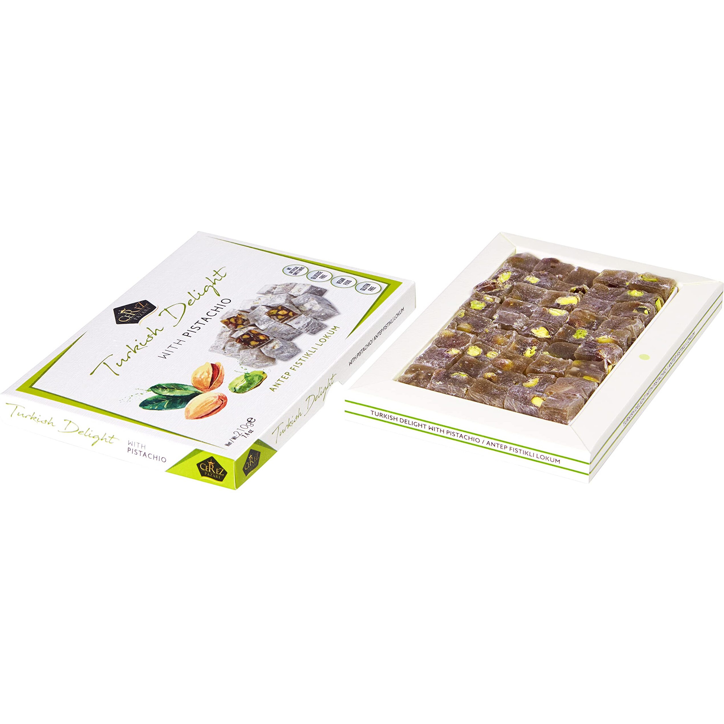Cerez Pazari Turkish Delight Pistachio Candy Gourmet Premium Vegan Sweets Small Gift Box 7.4Oz | Sweet Luxury Traditional Confectionery Soft Candy Dessert Glucose Free Lokum (Loukoumi) | Apprx.35 Pcs