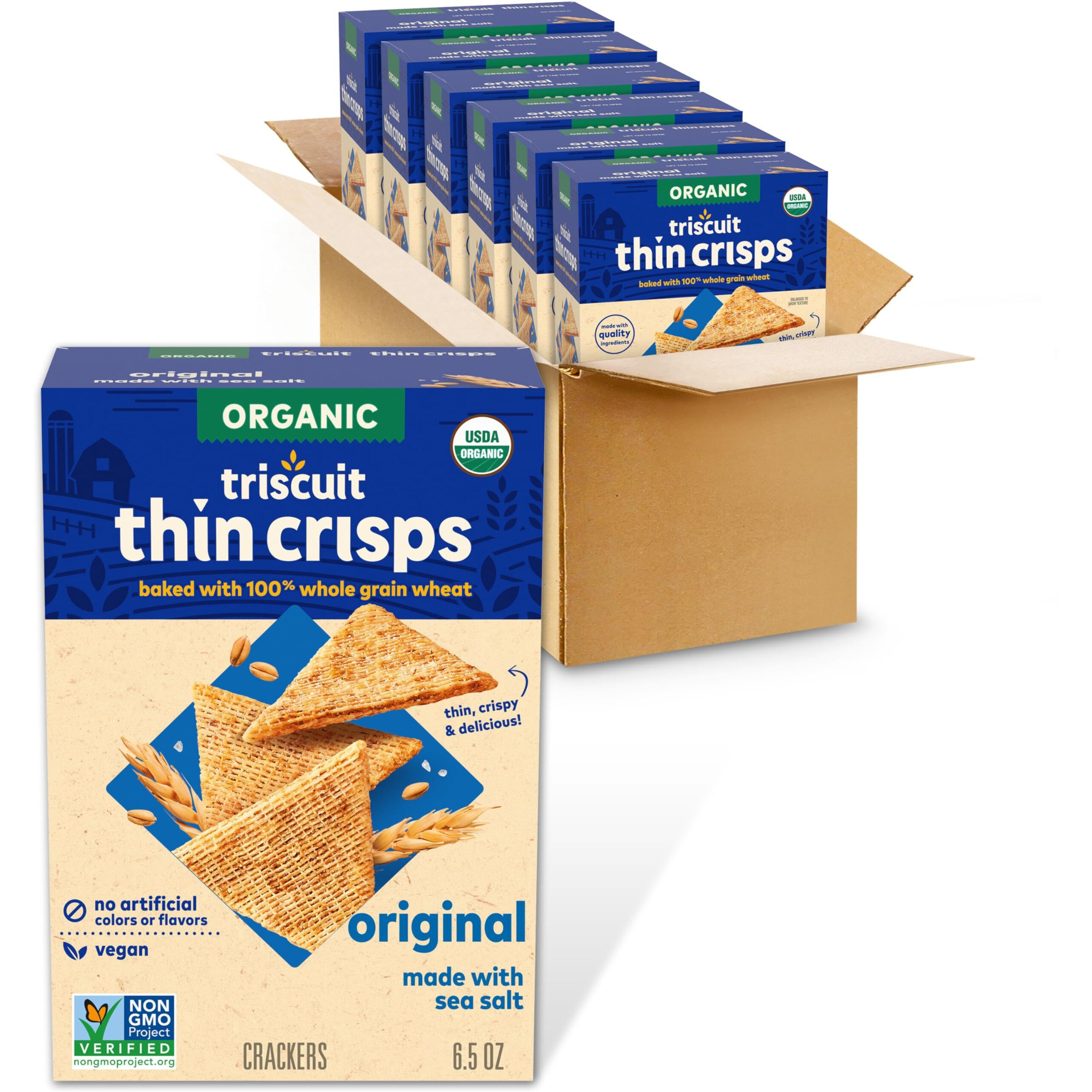 Triscuit Organic Thin Crisps Original Whole Grain Wheat Crackers, Organic Crackers, Vegan Crackers, 6 - 6.5 Oz Boxes