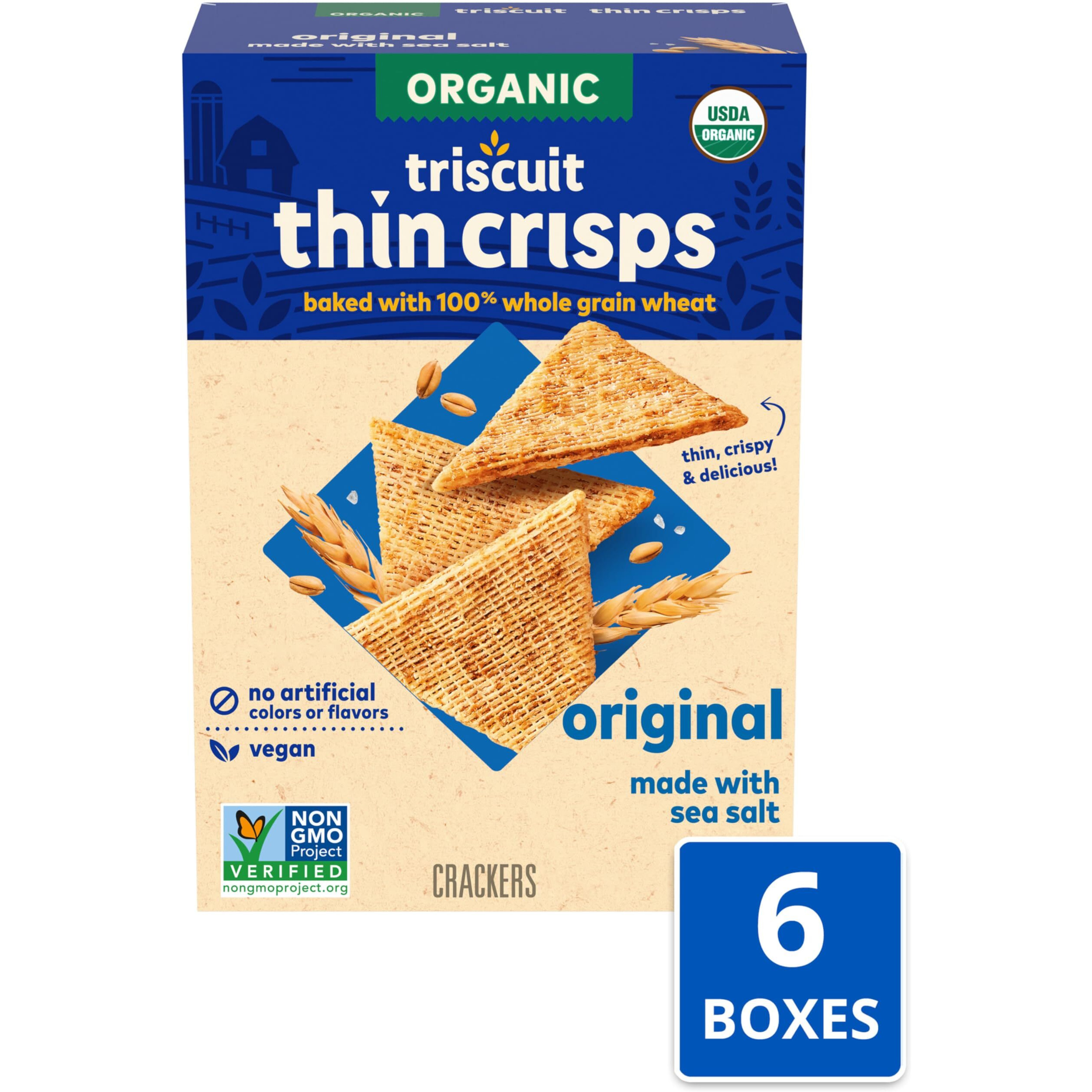 Triscuit Organic Thin Crisps Original Whole Grain Wheat Crackers, Organic Crackers, Vegan Crackers, 6 - 6.5 Oz Boxes