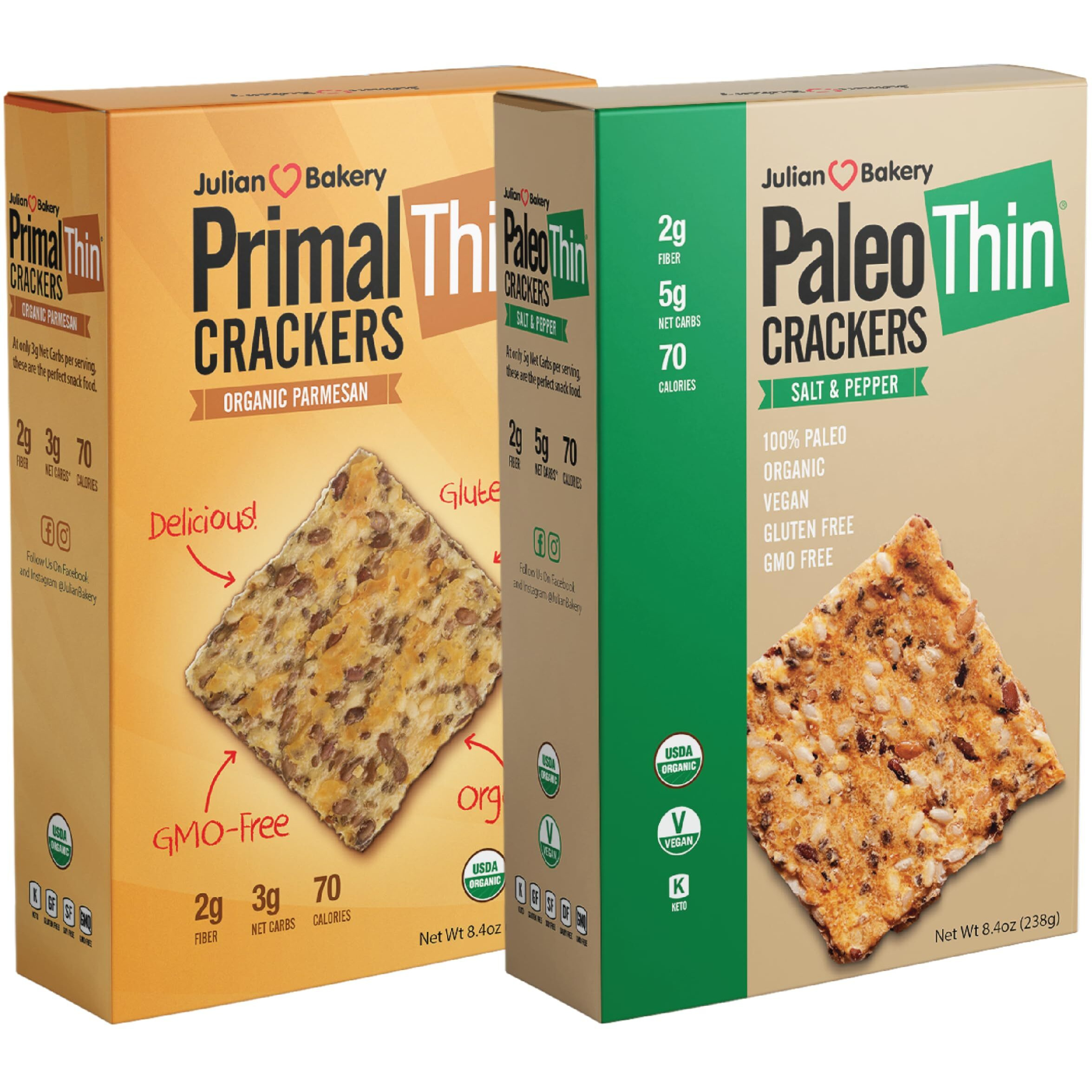 Julian Bakery Paleo & Primal Thin Crackers | Salt & Pepper & Parmesan | Usda Organic | Gluten-Free | Grain-Free | Gmo Free | Low Carb | Variety 2 Pack
