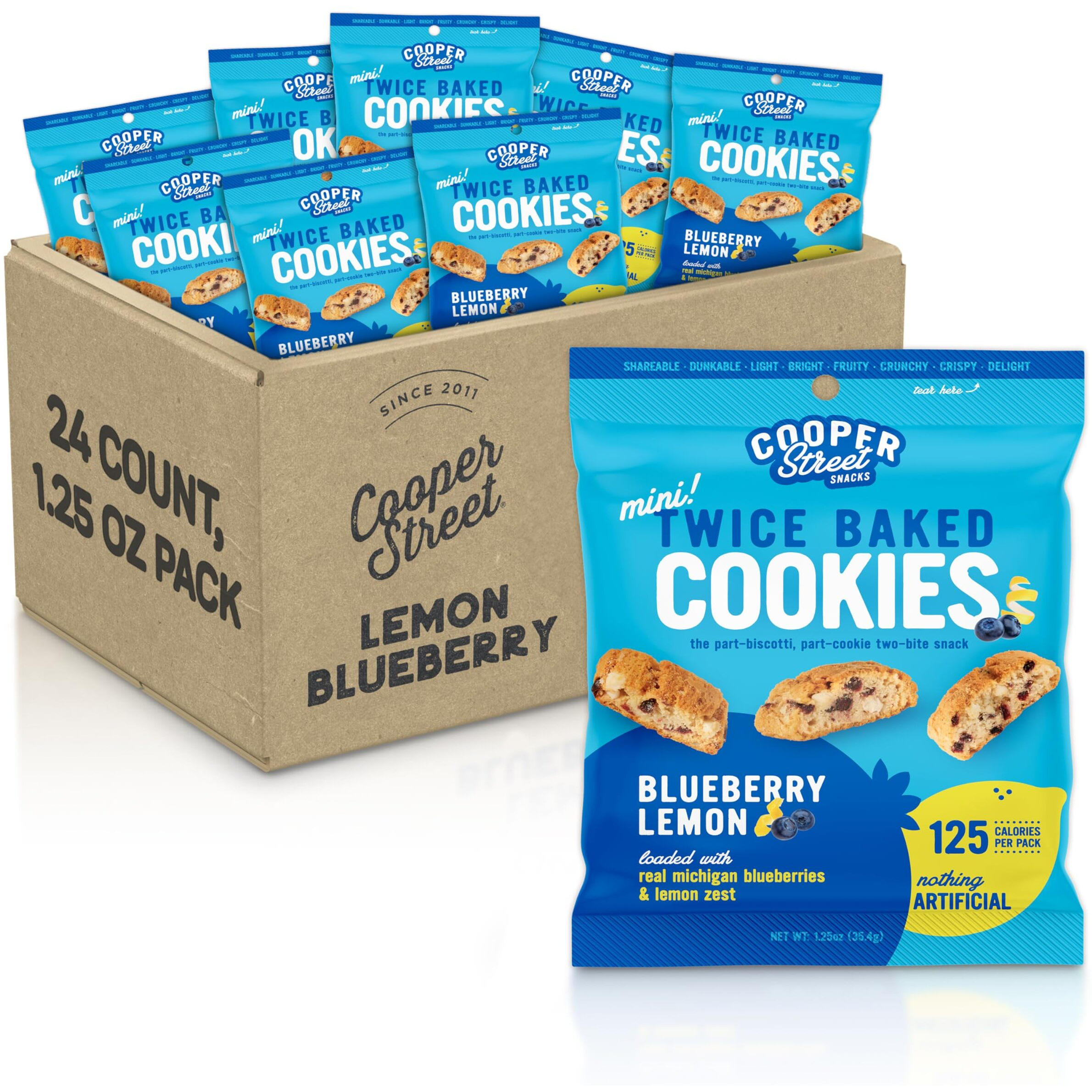 Cooper Street Italian Biscotti Cookies - Twice Baked Biscotti Style Cookie Biscuits In Delicious Blueberry Lemon Flavor | Crispy, Light And Healthy Cookies | Peanut & Dairy Free | 1.25 Oz - 24 Pack