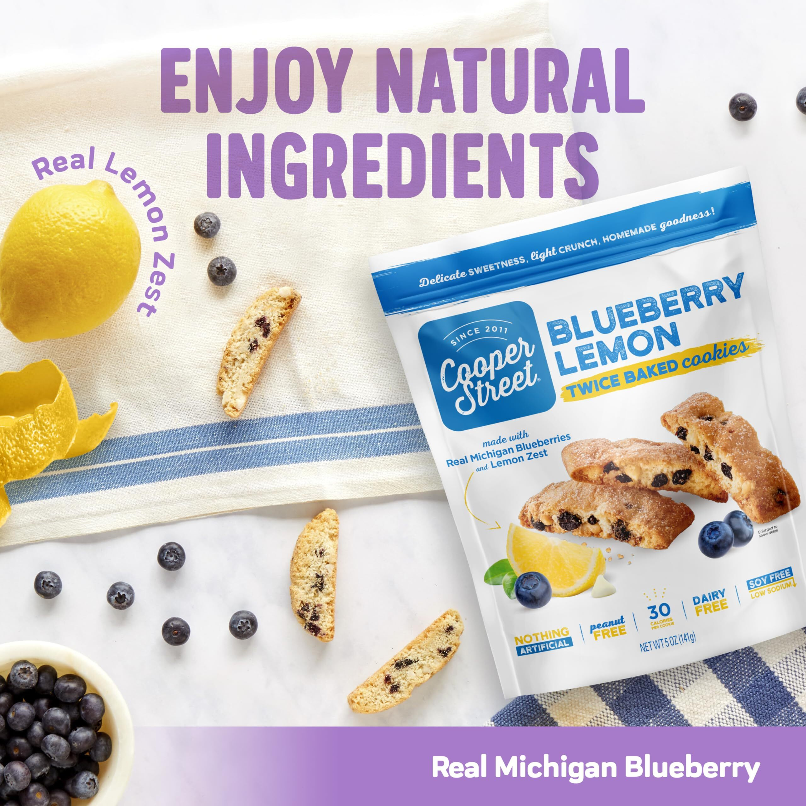 Cooper Street Italian Biscotti Cookies - Twice Baked Biscotti Style Cookie Biscuits In Delicious Blueberry Lemon Flavor | Crispy, Light And Healthy Cookies | Peanut & Dairy Free | 1.25 Oz - 24 Pack