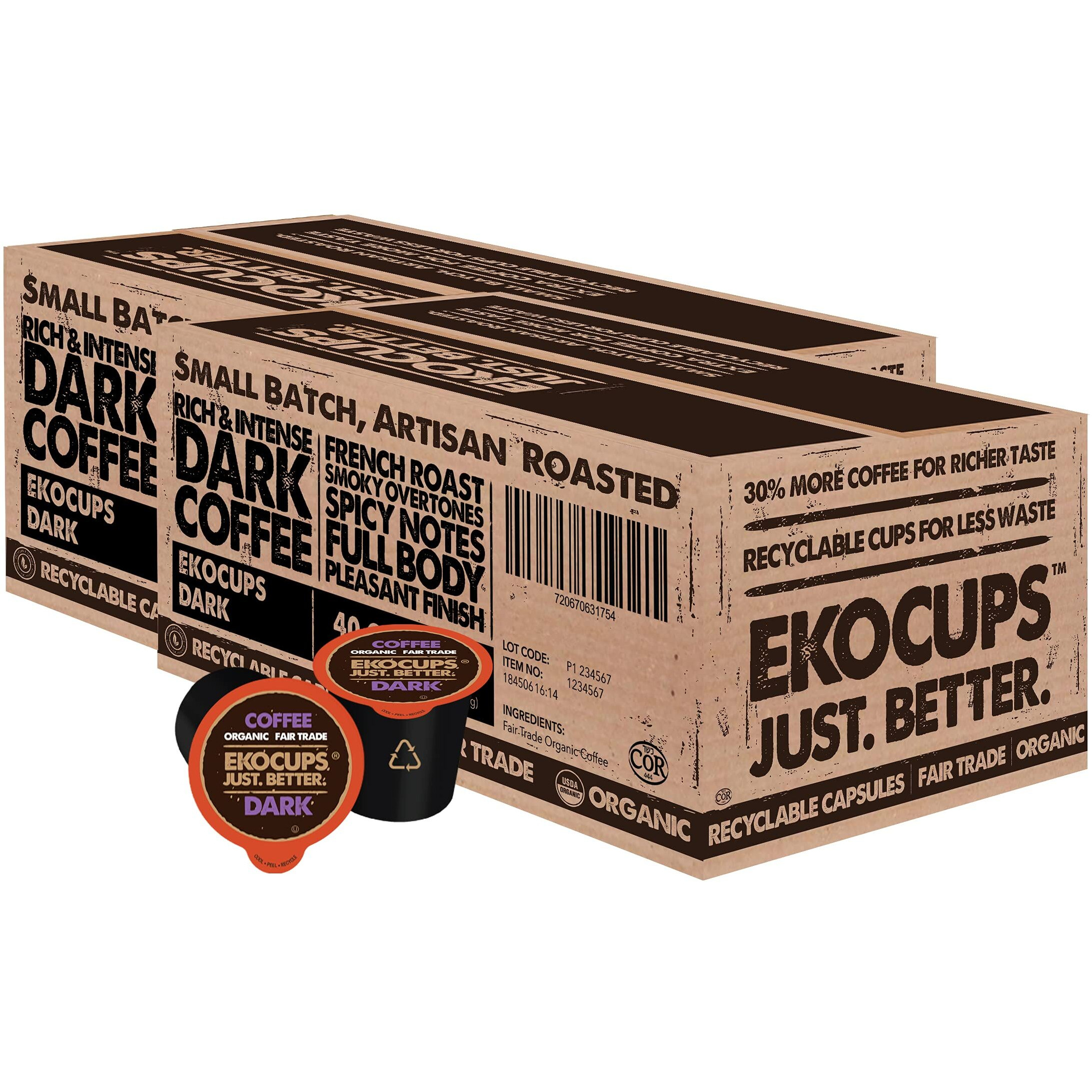 Ekocups Organic Dark Roast Coffee Pods, Extra 30% More Coffee Per Cup, Artisan Fair Trade, Dark Roast Coffee For Keurig K Cup Machines, Recyclable Pods, 80 Count