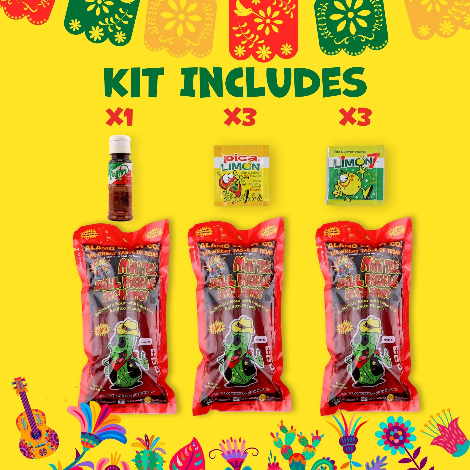 Chamoy Pickle Kit With Tajin, Lemon & Lime By Happy Packs | Pepinillos Con Chamoy | Includes 3 Chamoy Pickles | Mexican Candy Variety Pack | Unique Food Gifts