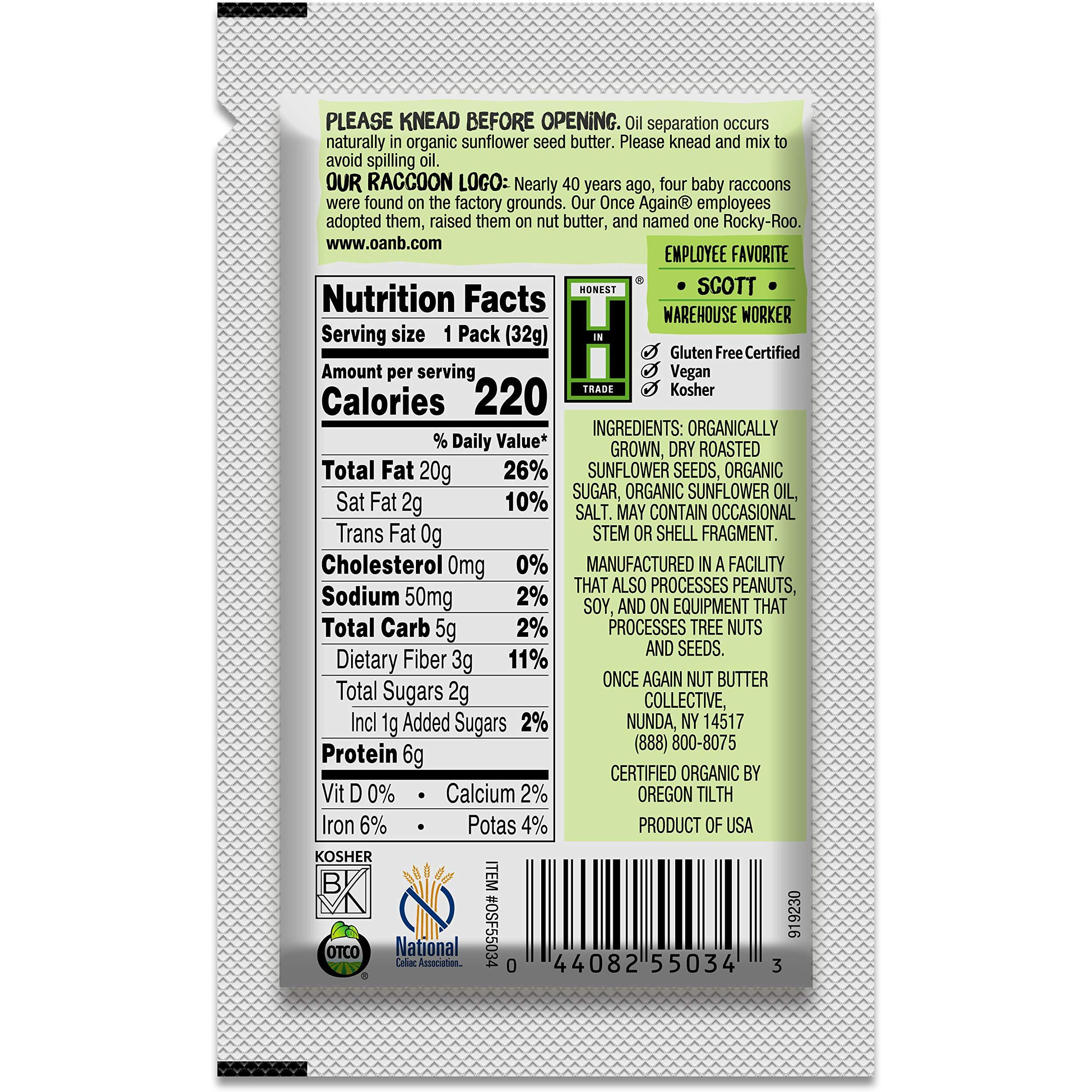 Once Again Organic Creamy Sunflower Butter - 1.15Oz Squeeze Packs, 10 Count - Lightly Salted & Sweetened - Peanut Free, Usda Organic, Gluten Free Certified, Vegan, Kosher