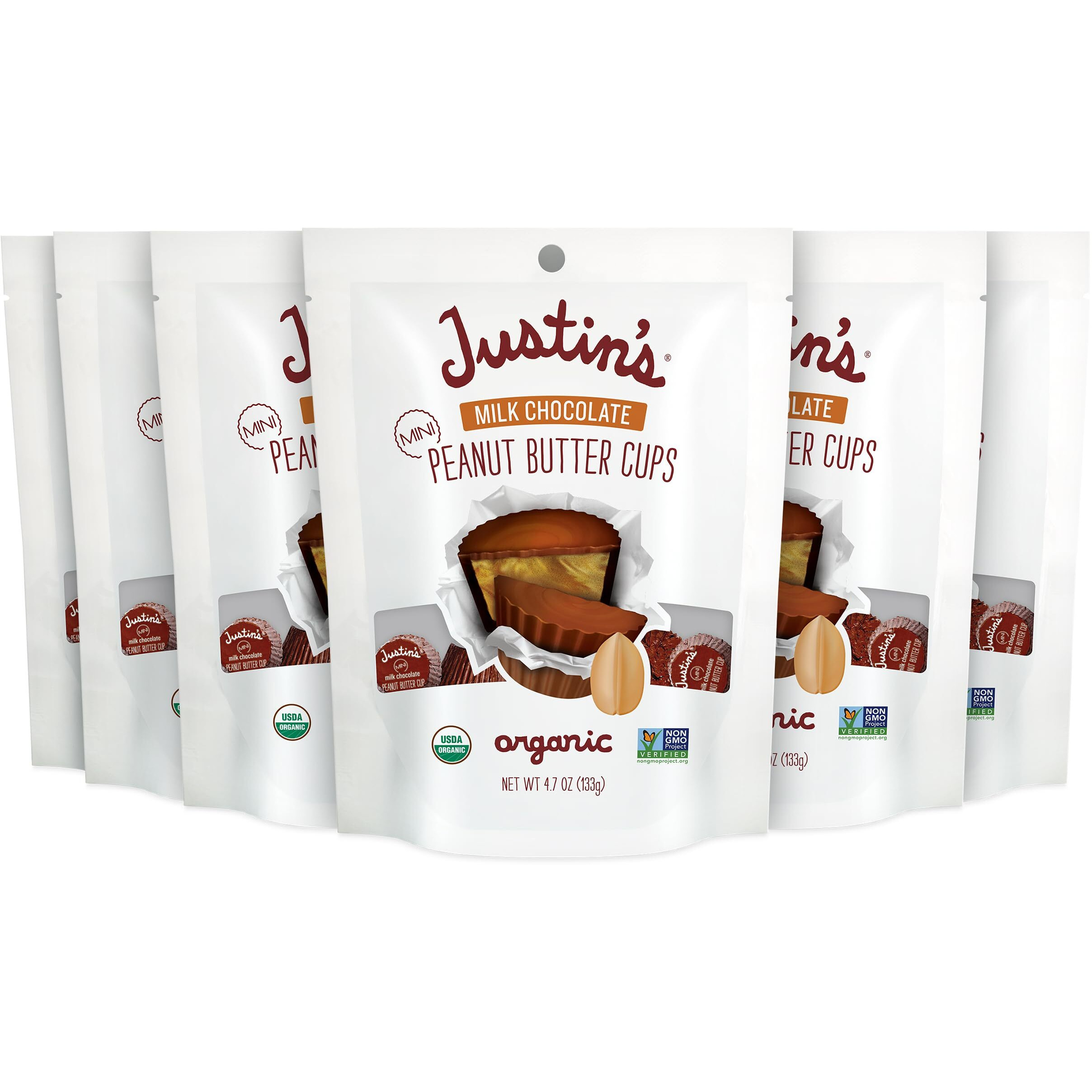 Justin's Organic Mini Milk Chocolate Peanut Butter Cups, Rainforest Alliance Certified Cocoa, Gluten-Free, Responsibly Sourced, 6 Stand-Up Bags (4.7 Ounce Each)