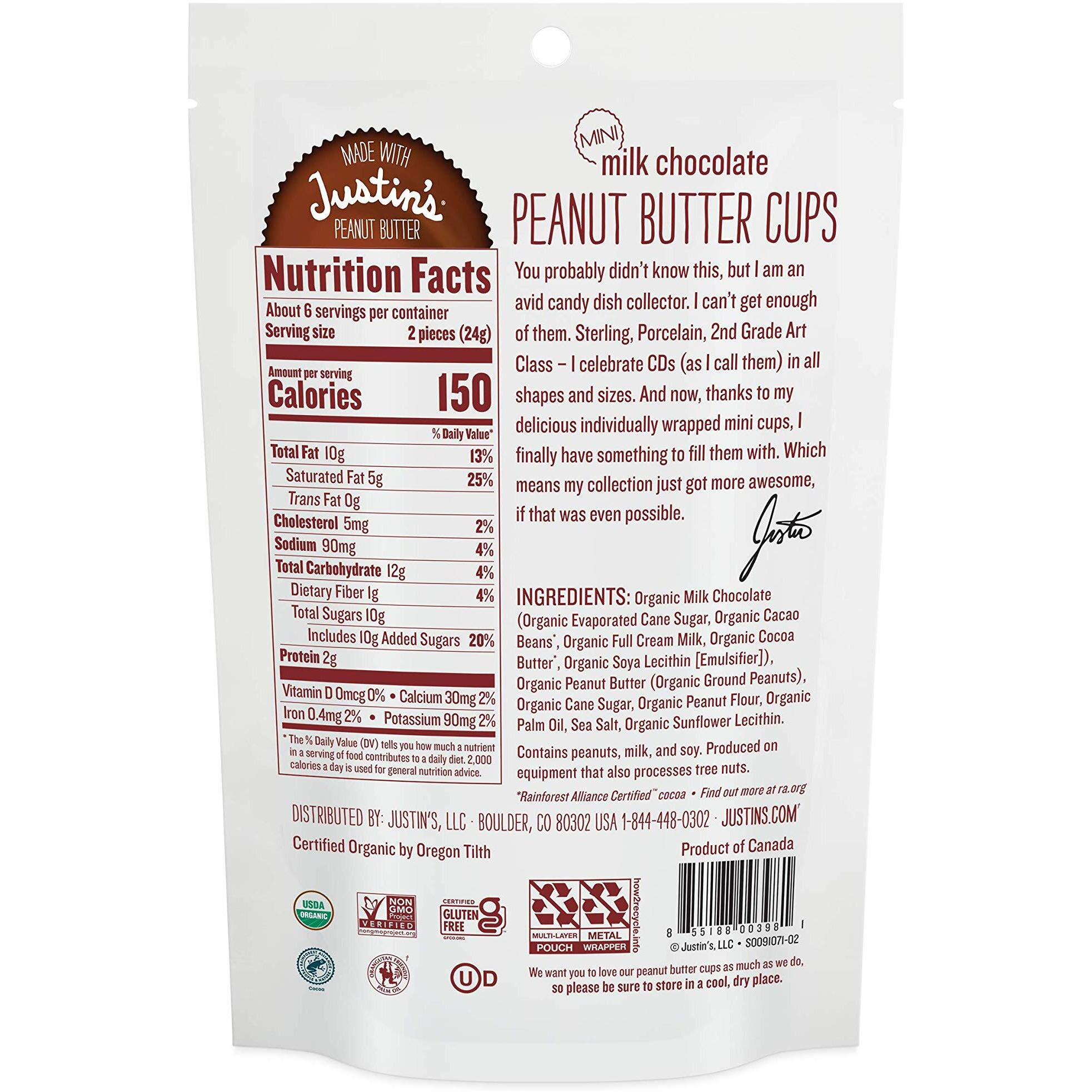 Justin's Organic Mini Milk Chocolate Peanut Butter Cups, Rainforest Alliance Certified Cocoa, Gluten-Free, Responsibly Sourced, 6 Stand-Up Bags (4.7 Ounce Each)