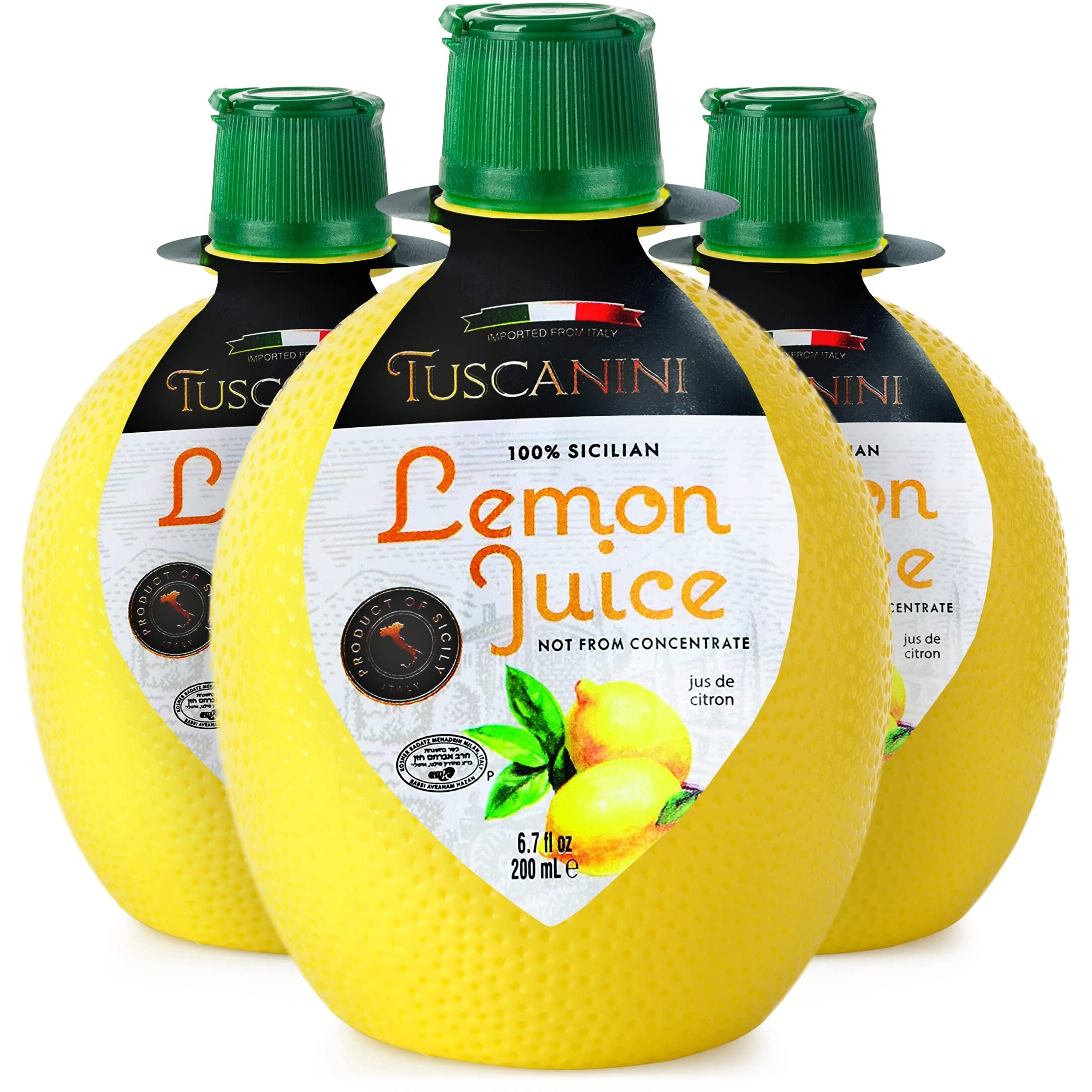 Tuscanini 100% Sicilian Lemon Juice, Not From Concentrate, 6.7Oz Lemon Shaped Squeeze Bottle (3 Pack) No Water Added | Product Of Italy | Certified Kosher (Including Passover)