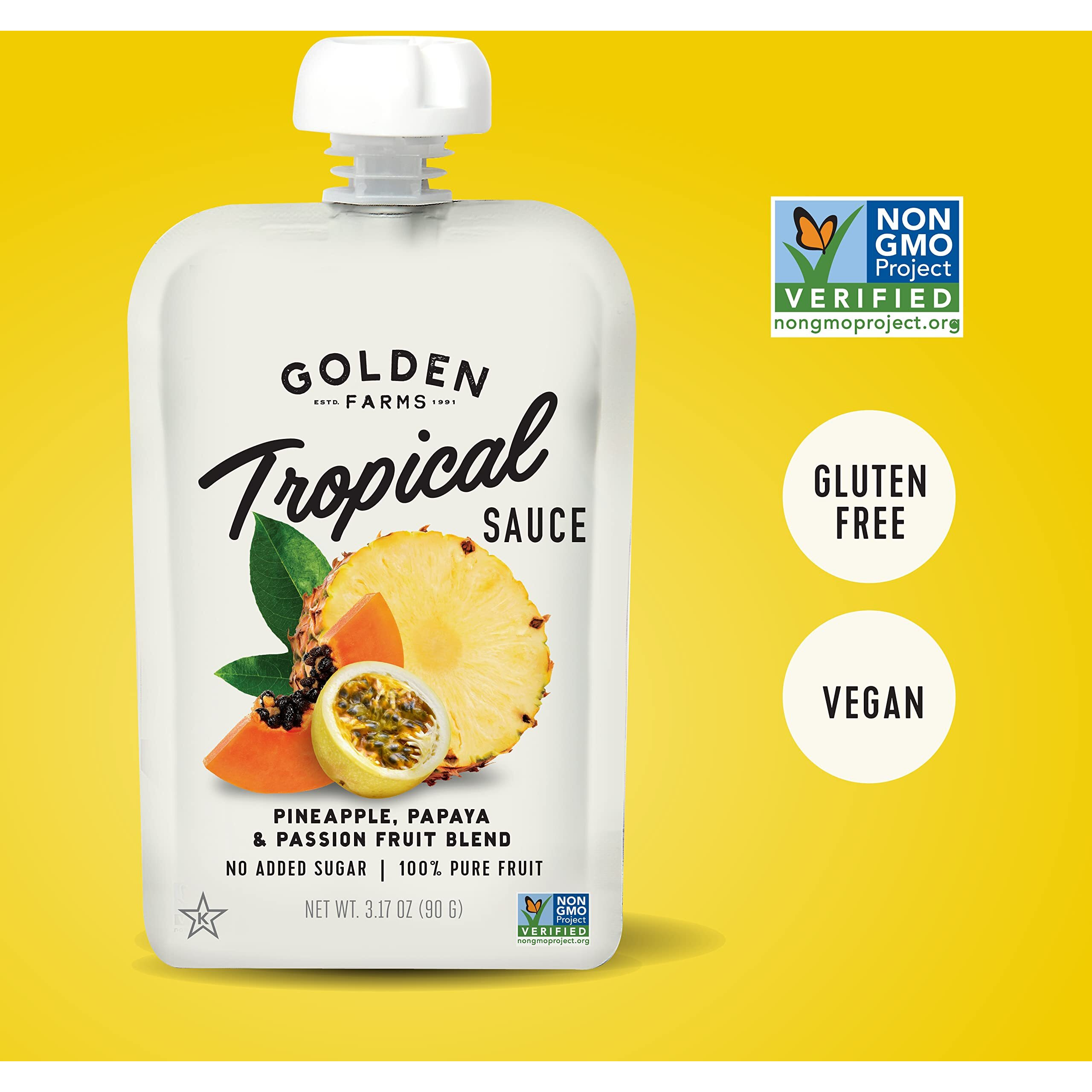 Golden Farms Tropical Pouches, Low Ingredient Healthy Snacks (Pack Of 12), 100% Pure Fruit, No Added Sugar, Vegan, Gluten-Free, Kosher, Non-Gmo Squeeze Pouch 3.17Oz Each