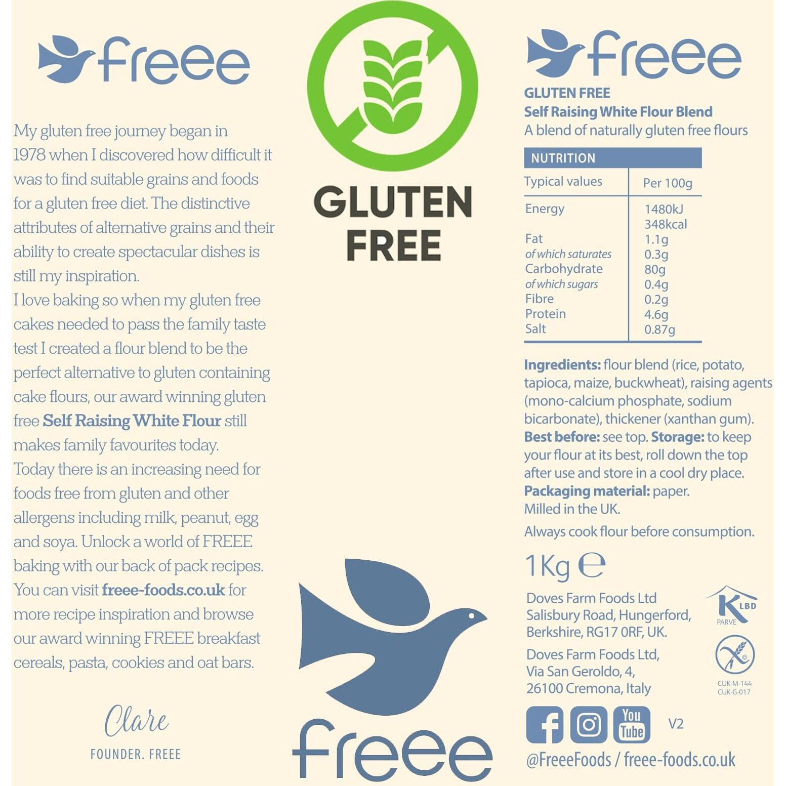 Freee Gluten Free Self Raising White Flour | All Purpose Flour | For Cakes, Muffins & Pancakes Baking | Imported From Uk | Baking Foods | 35.27 Oz (1Kg)