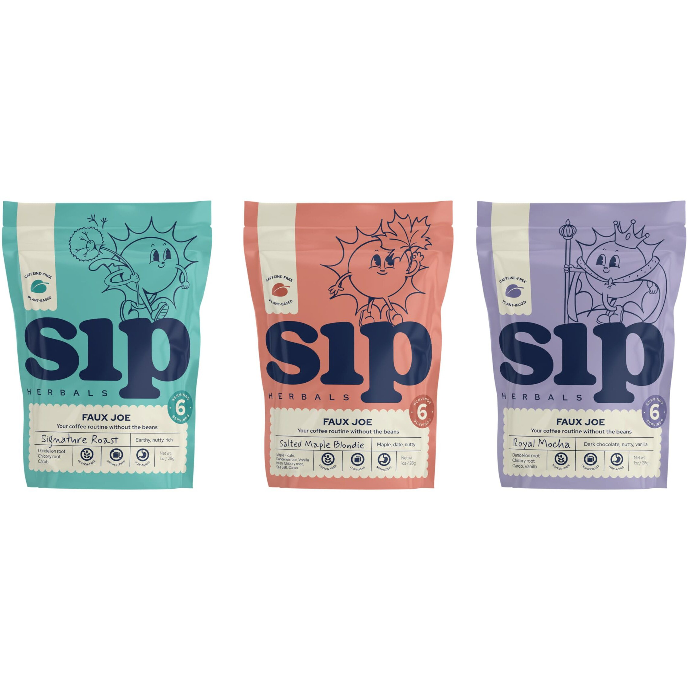 Sip Herbals Caffeine-Free, Dandelion Root Tea - Loose Leaf Coffee Alternative With Carob And Chicory - Organic Coffee Substitute - The Favorites Sample Bundle (18 Servings)