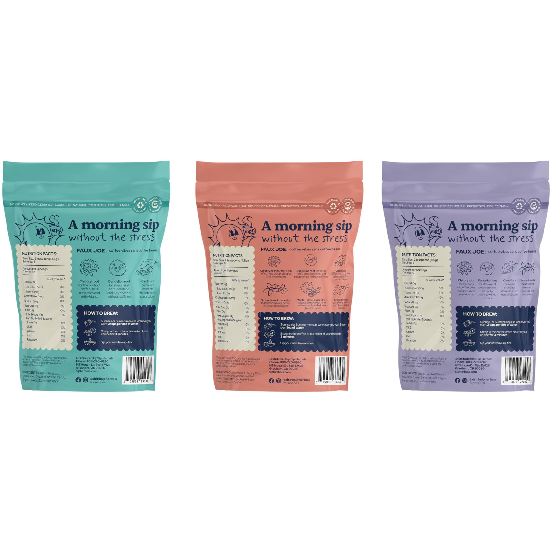 Sip Herbals Caffeine-Free, Dandelion Root Tea - Loose Leaf Coffee Alternative With Carob And Chicory - Organic Coffee Substitute - The Favorites Sample Bundle (18 Servings)