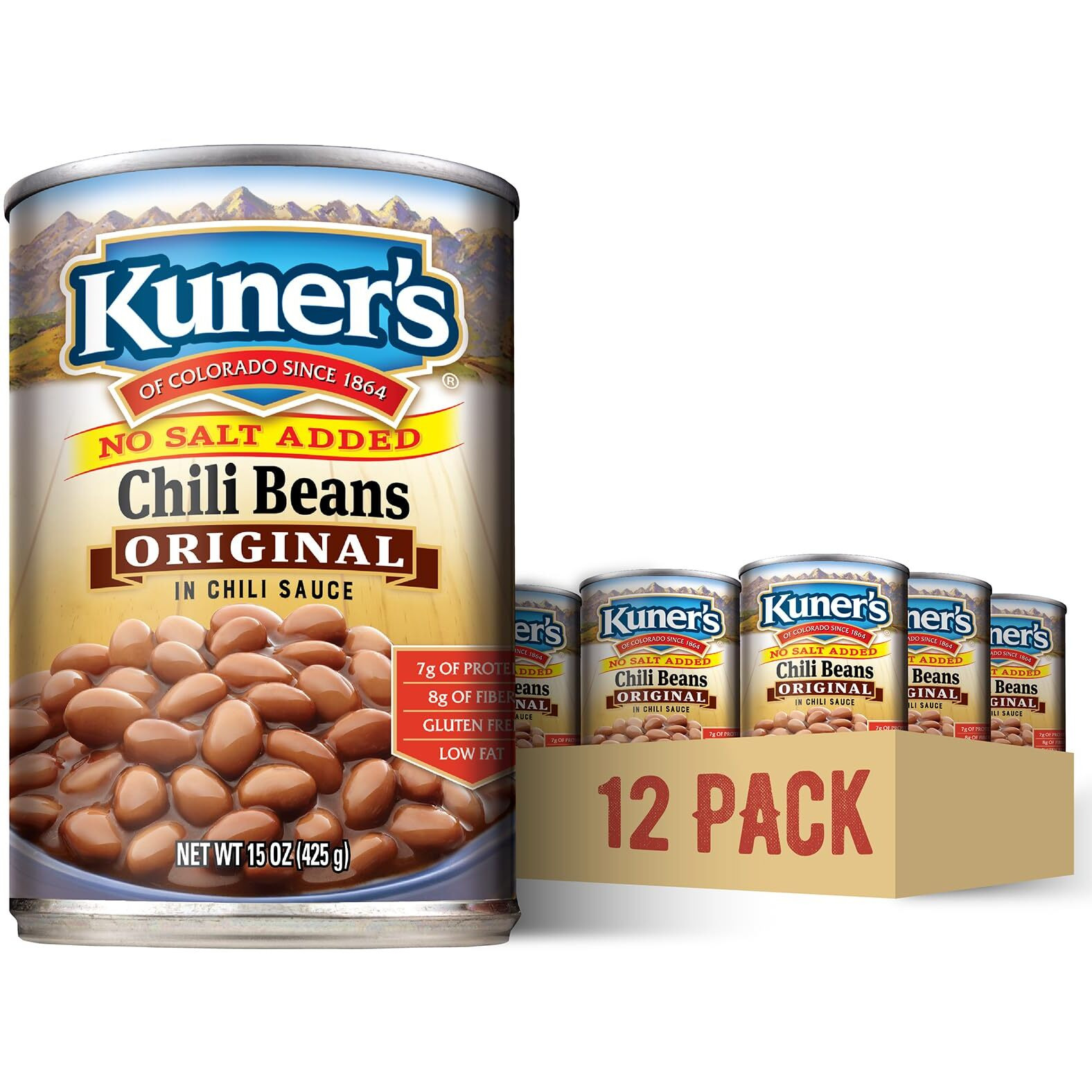 Kuner's No Salt Added Canned Chili Beans, Plant Protein And Fiber, Gluten Free, Vegan, Fat Free, 12 Pack Of 15 Oz Cans