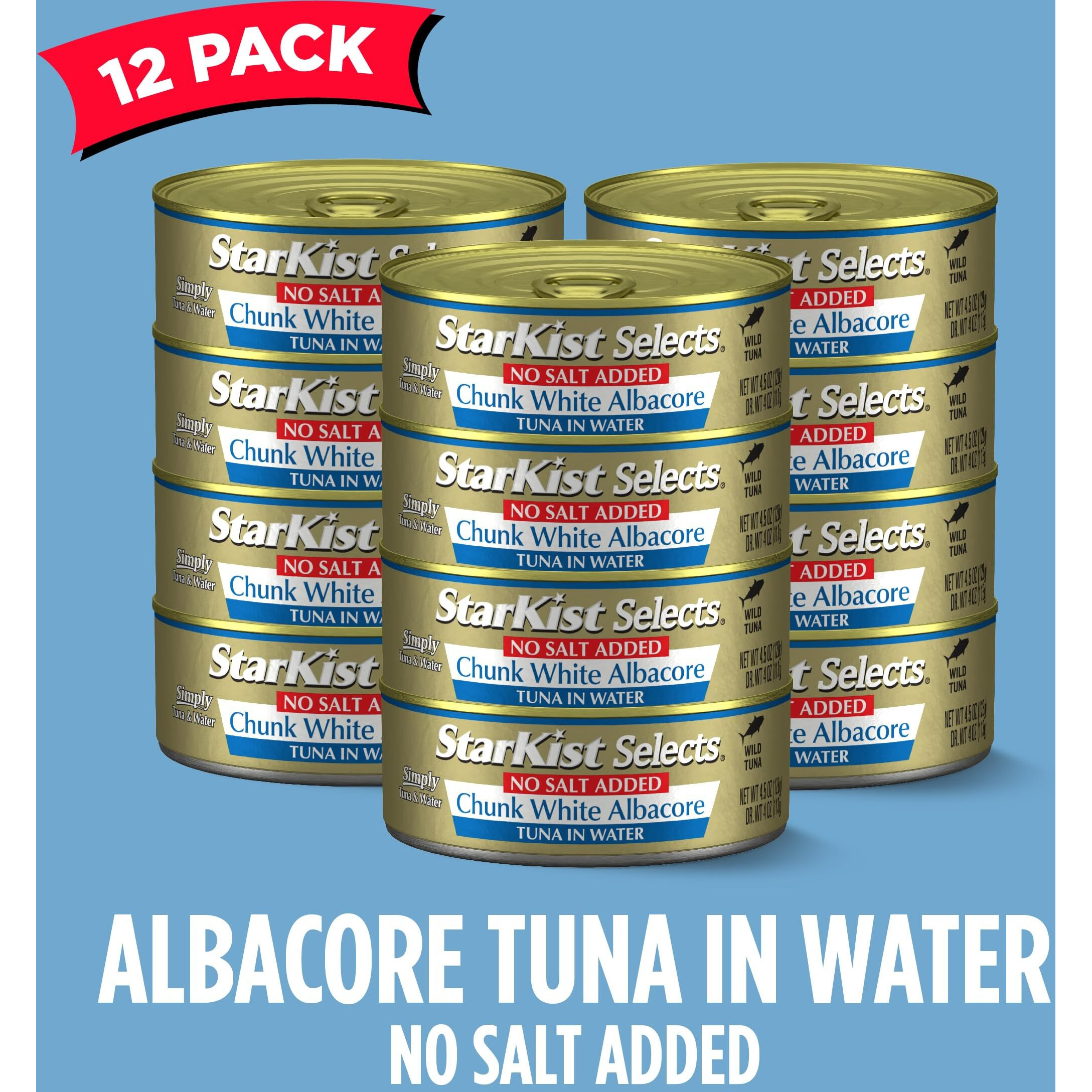 Starkist Selects No Salt Added Chunk White Albacore Tuna In Water, 4.5 Oz (12 Pack) Canned Tuna Fish, Wild Caught, Ready To Eat, For Salads, Keto Meals & Snacks, 30G Protein & 130 Calorie A Serving