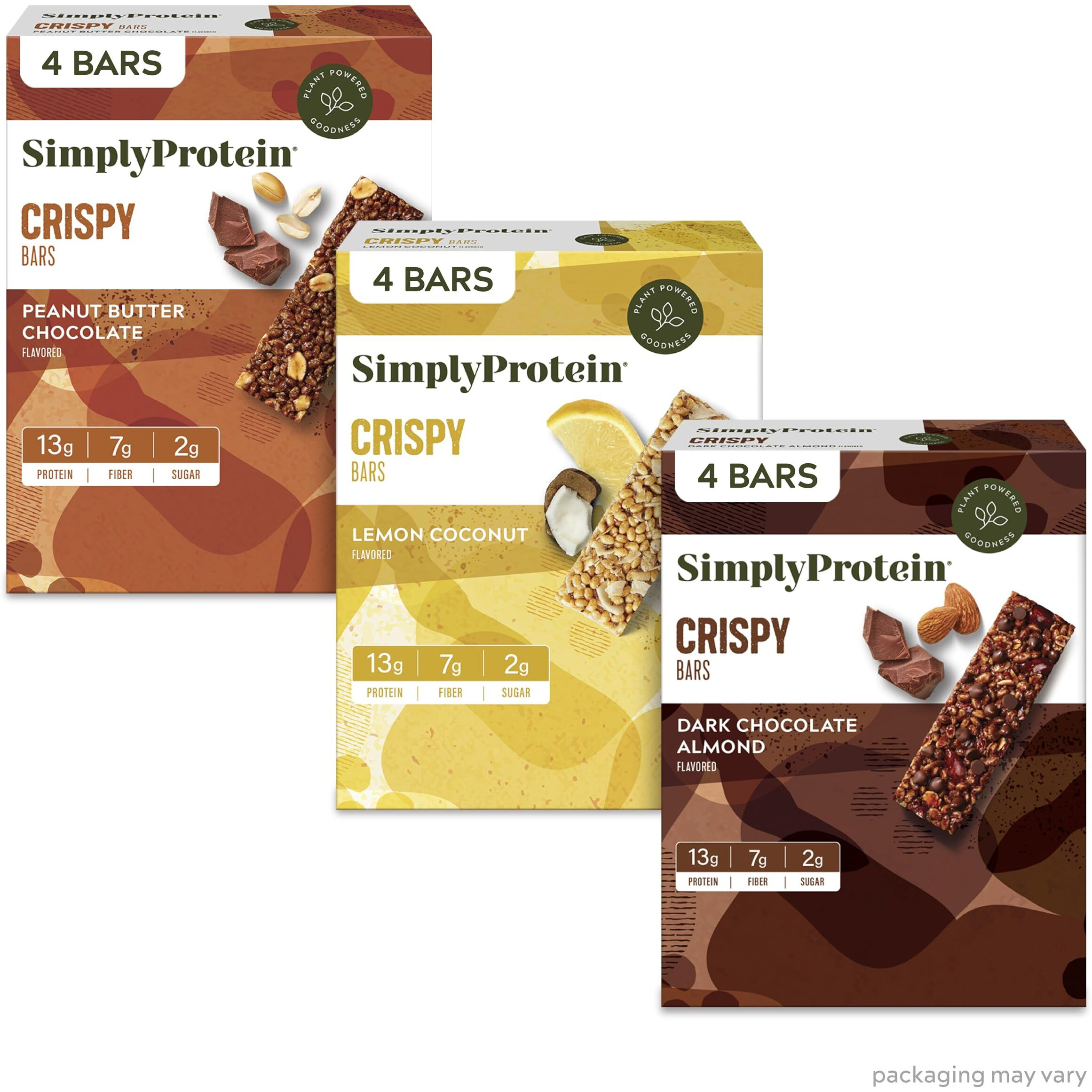Simply Protein - Crispy Bars Variety Pack, 3 Flavors - Plant Based Protein Bars, Protein Snacks - 13G Protein, 2G Sugar, 7G Fiber - Vegan, Gluten Free, Non Gmo, Kosher - 12 Bars, 3 Boxes