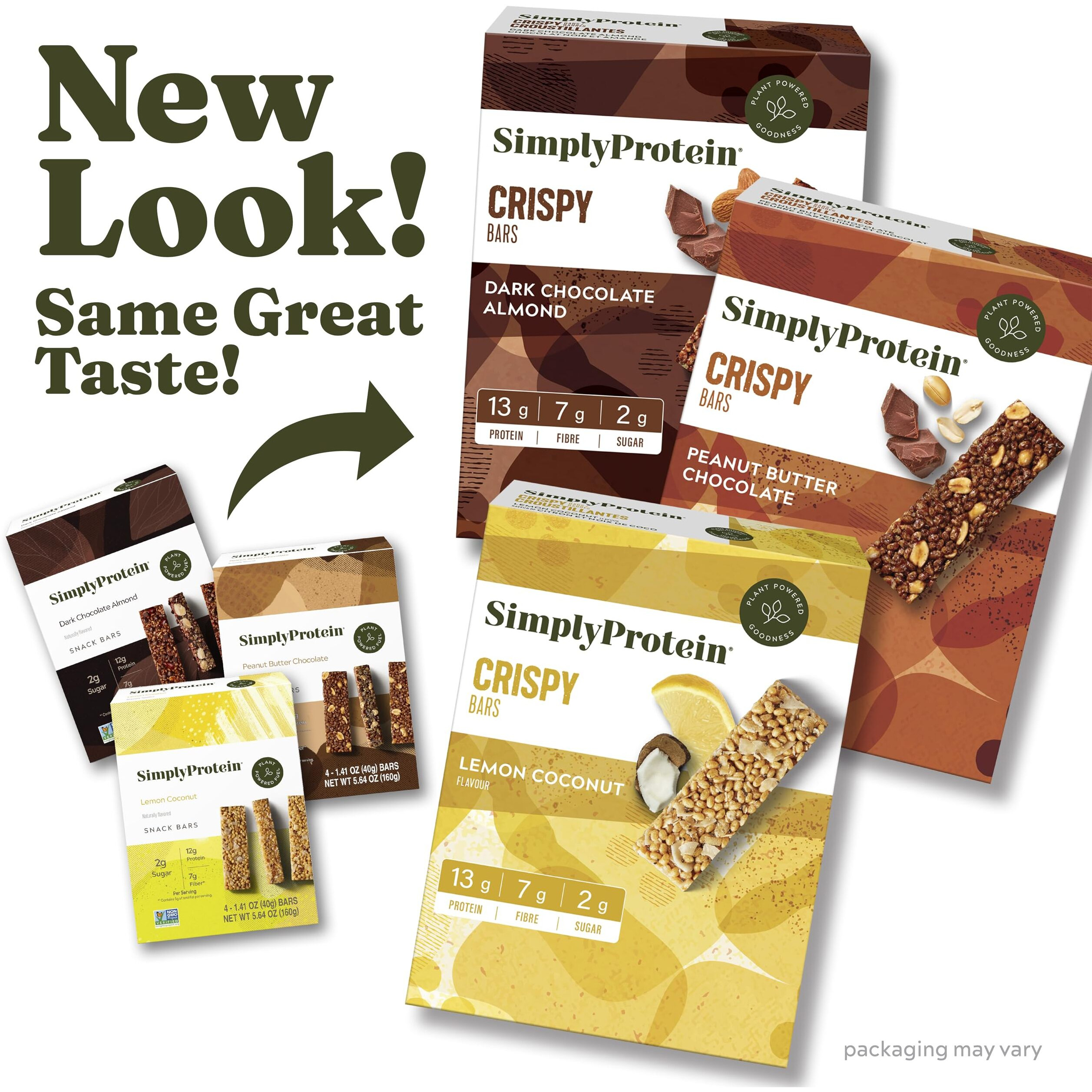 Simply Protein - Crispy Bars Variety Pack, 3 Flavors - Plant Based Protein Bars, Protein Snacks - 13G Protein, 2G Sugar, 7G Fiber - Vegan, Gluten Free, Non Gmo, Kosher - 12 Bars, 3 Boxes