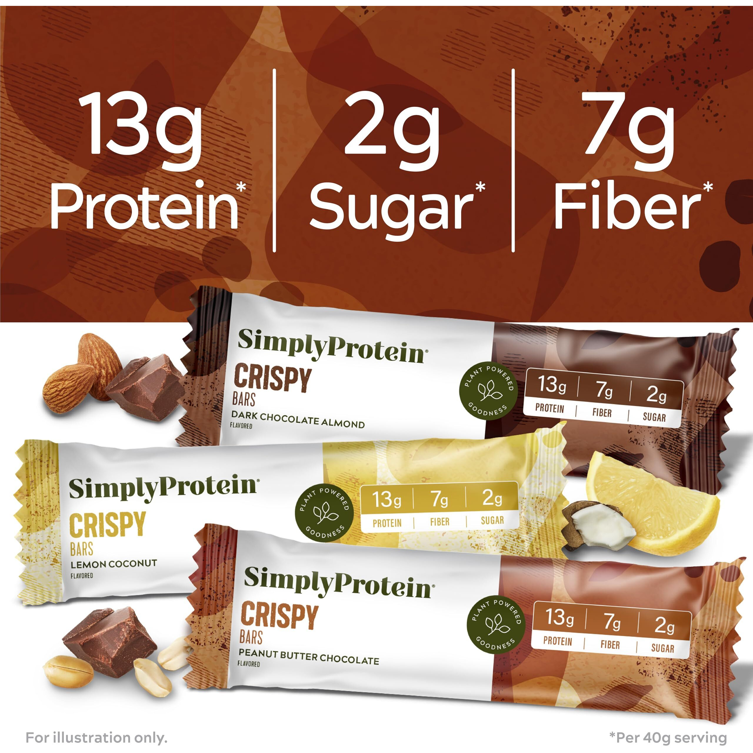 Simply Protein - Crispy Bars Variety Pack, 3 Flavors - Plant Based Protein Bars, Protein Snacks - 13G Protein, 2G Sugar, 7G Fiber - Vegan, Gluten Free, Non Gmo, Kosher - 12 Bars, 3 Boxes