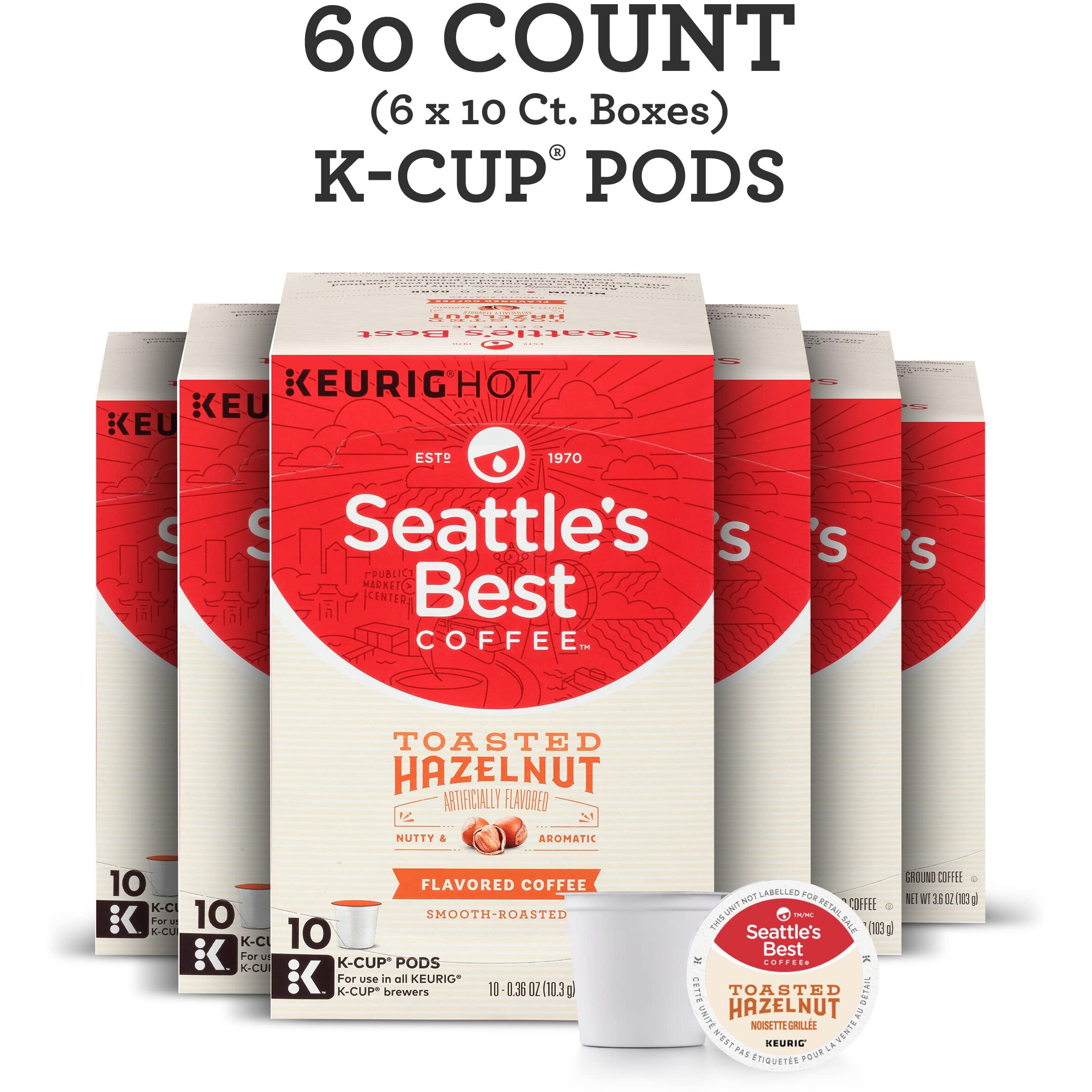 Seattle's Best Coffee Toasted Hazelnut Flavored Medium Roast K-Cup Pods | 10 Count (Pack Of 6)